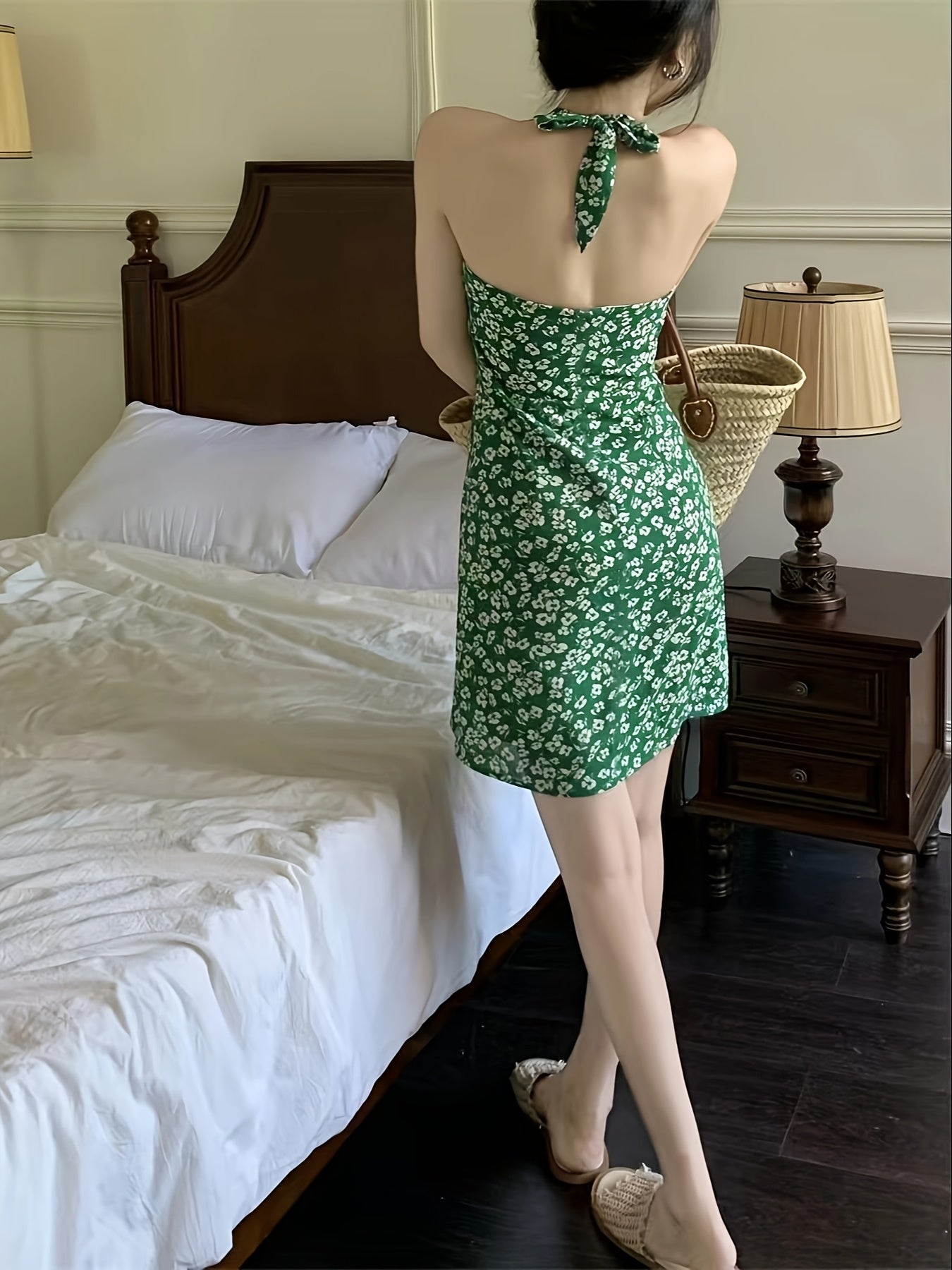 Women'S Light Green Floral Print Sleeveless A-Line Dress - Casual Off-Shoulder Mini Dress with Tie-Back Detail, Summer Chic Retro Style for Casual Attire, Cute Dresses