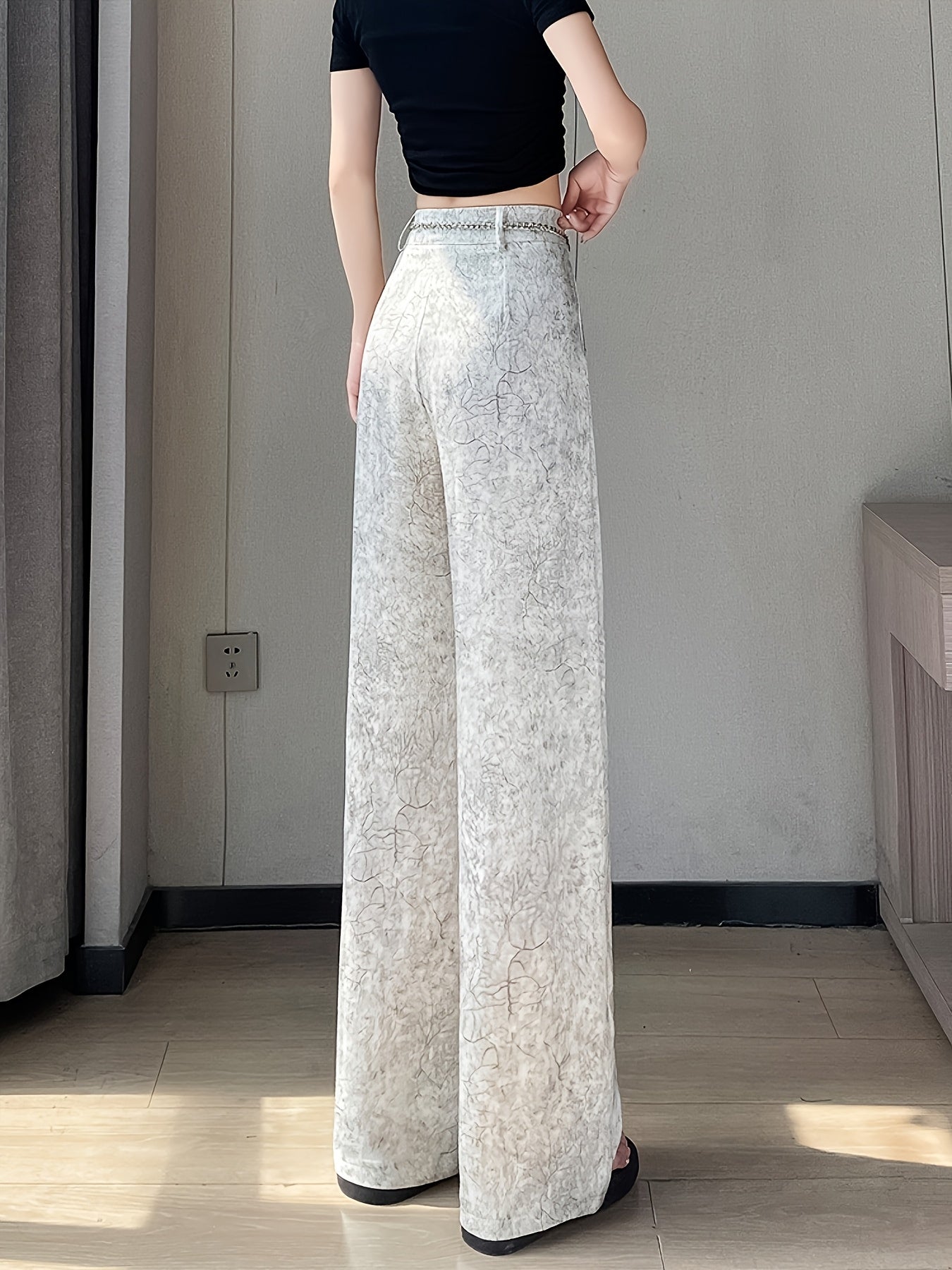 Women's Elegant Straight-Leg Satin Pants - High-Waisted, Loose Fit, Button Detail, Machine Washable, Greenish-Golden Floral Pattern, Summer Style, Casual Yet Sophisticated Look, Highwaisted Trousers | Sophisticated Fashion