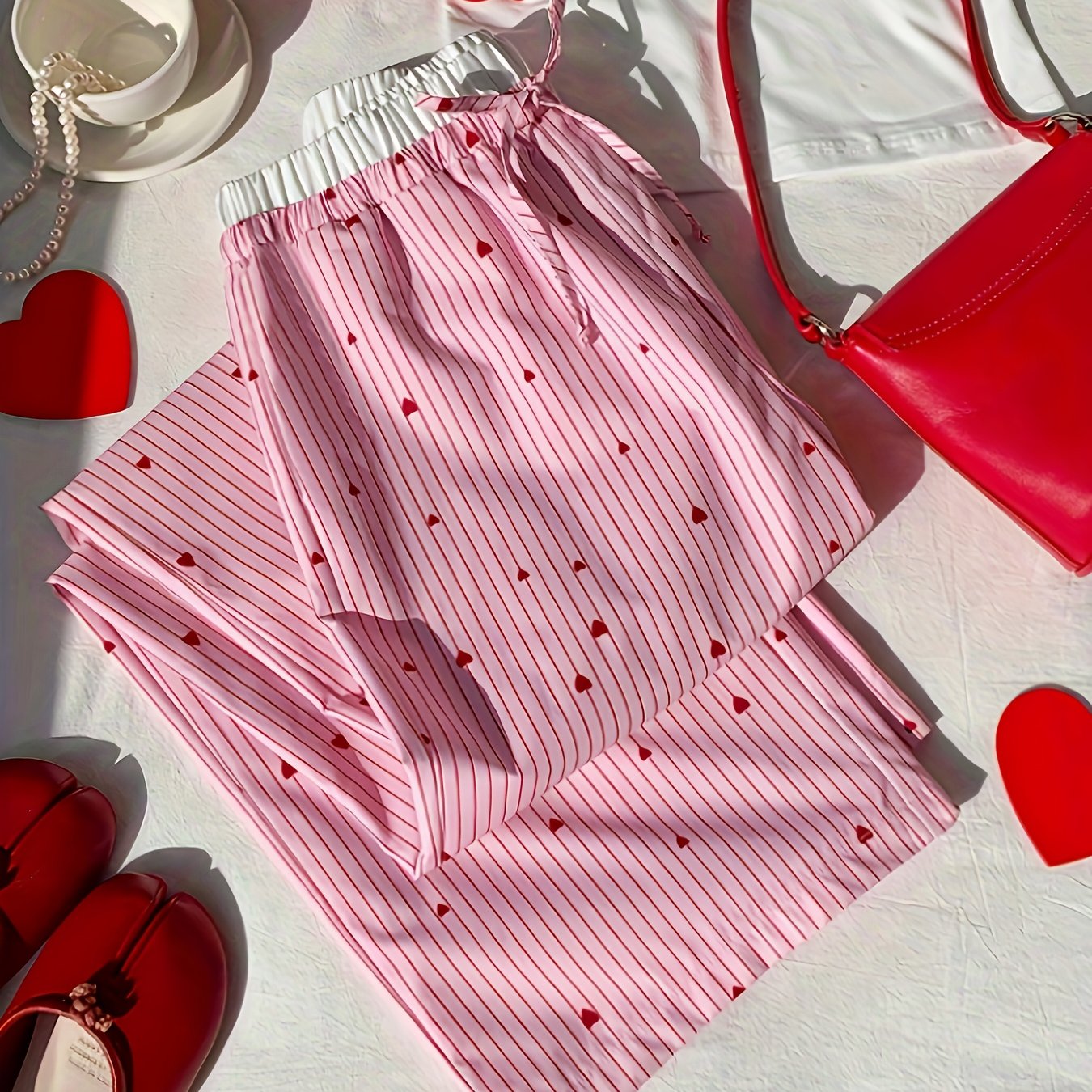 Women's High-Waisted Wide-Leg Pants - Non-Stretch Casual Trousers with Pink & Red Heart Pattern, Everyday & Valentine's Outfits - LL168 Non-Stretch Pants for Women