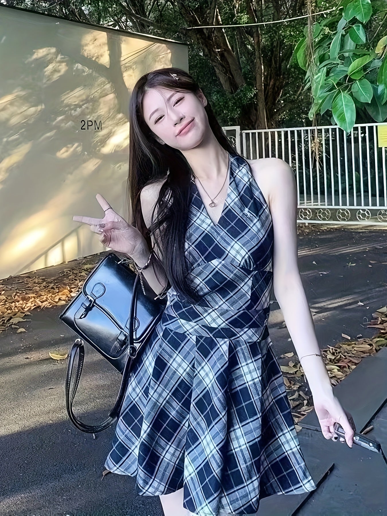 Women'S Elegant Black & White Plaid V-Neck Halter Dress - Sleeveless A-Line Mini with Cinched Waist, Flared Hem, and Tie-Front Detail for Spring Summer Fall, Versatile Fashion, Seasonal Wardrobe Staple, Formfitting Silhouette