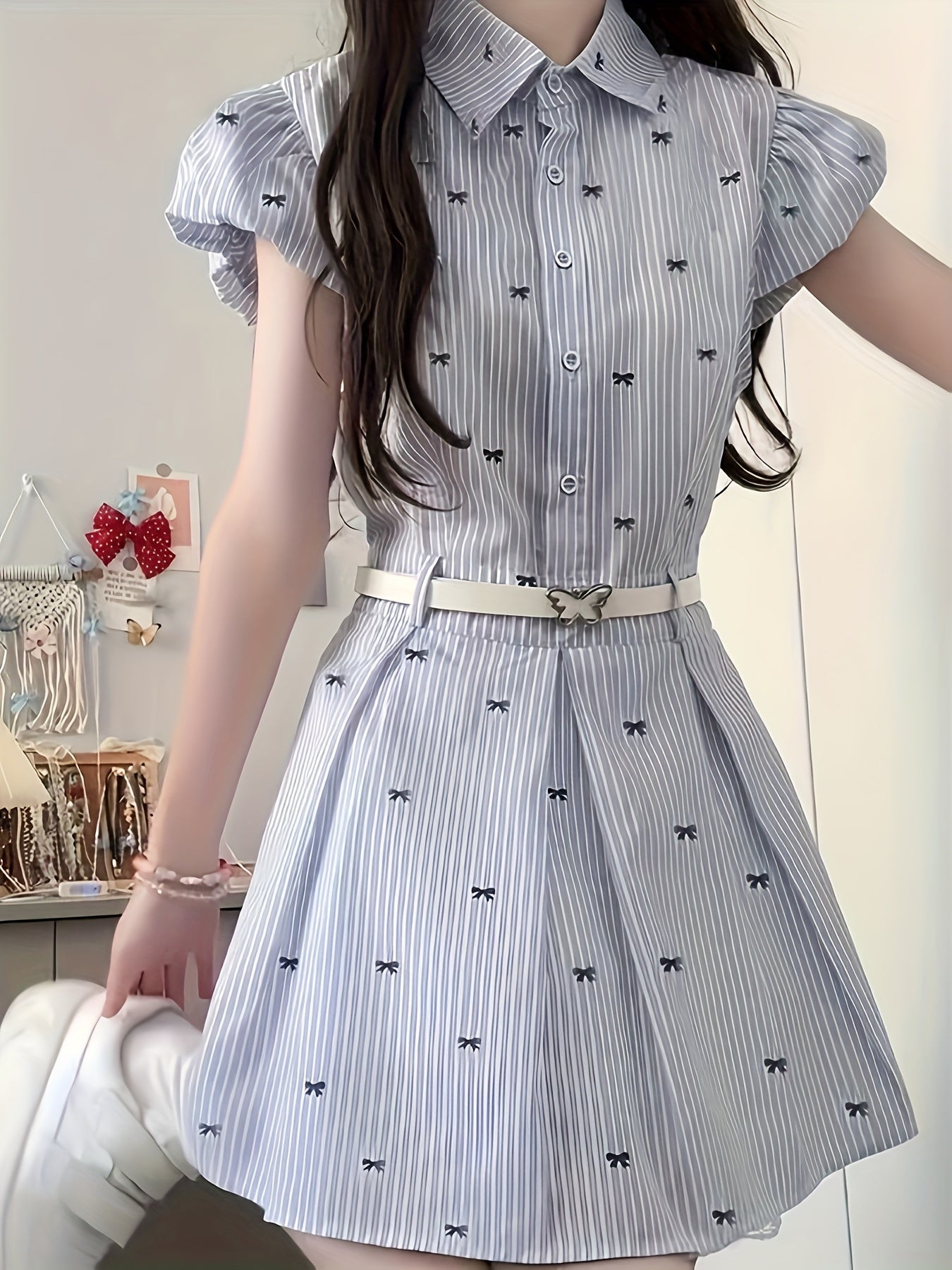 2025 Blue Striped Summer Dress for Women, Bubble Sleeve Belted Waist Bow Tie Shirt Dress