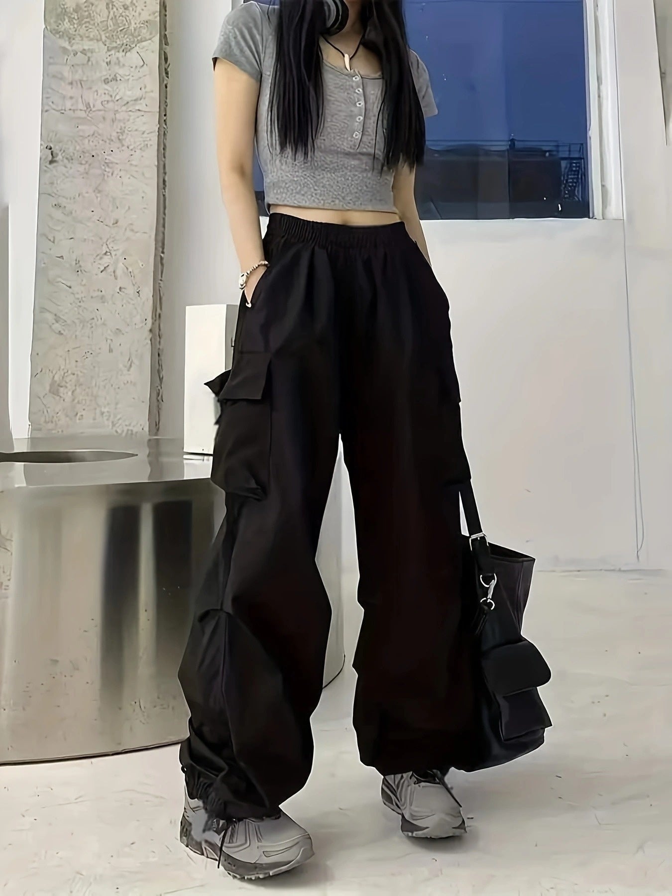 New Girls' Y2K Style Black Cargo Pants with Large Pockets - High Waist, Loose Fit, Elastic Waistband, Durable Polyester, Machine Washable - Suitable for All Seasons, Flattering Legs, Perfect for Outdoor