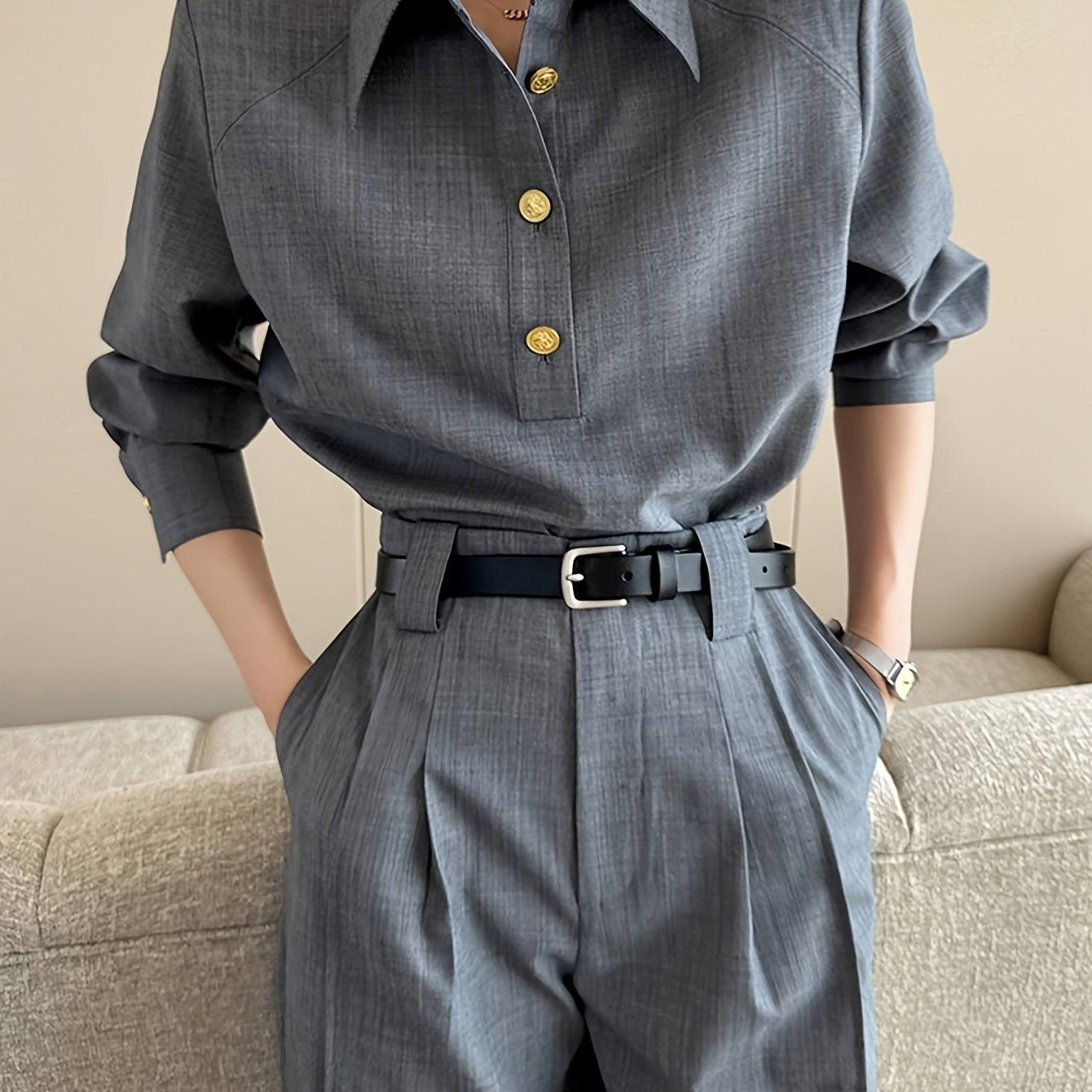 Women'S Stylish Urban Casual Two-Piece Set - Long Sleeve H-Neck Blouse & Wide Leg Pants with Buttons, Perfect for Spring\u002FFall, Polyester Fabric, Casual Attire|Buttonup Blouse|Polyester Fabric