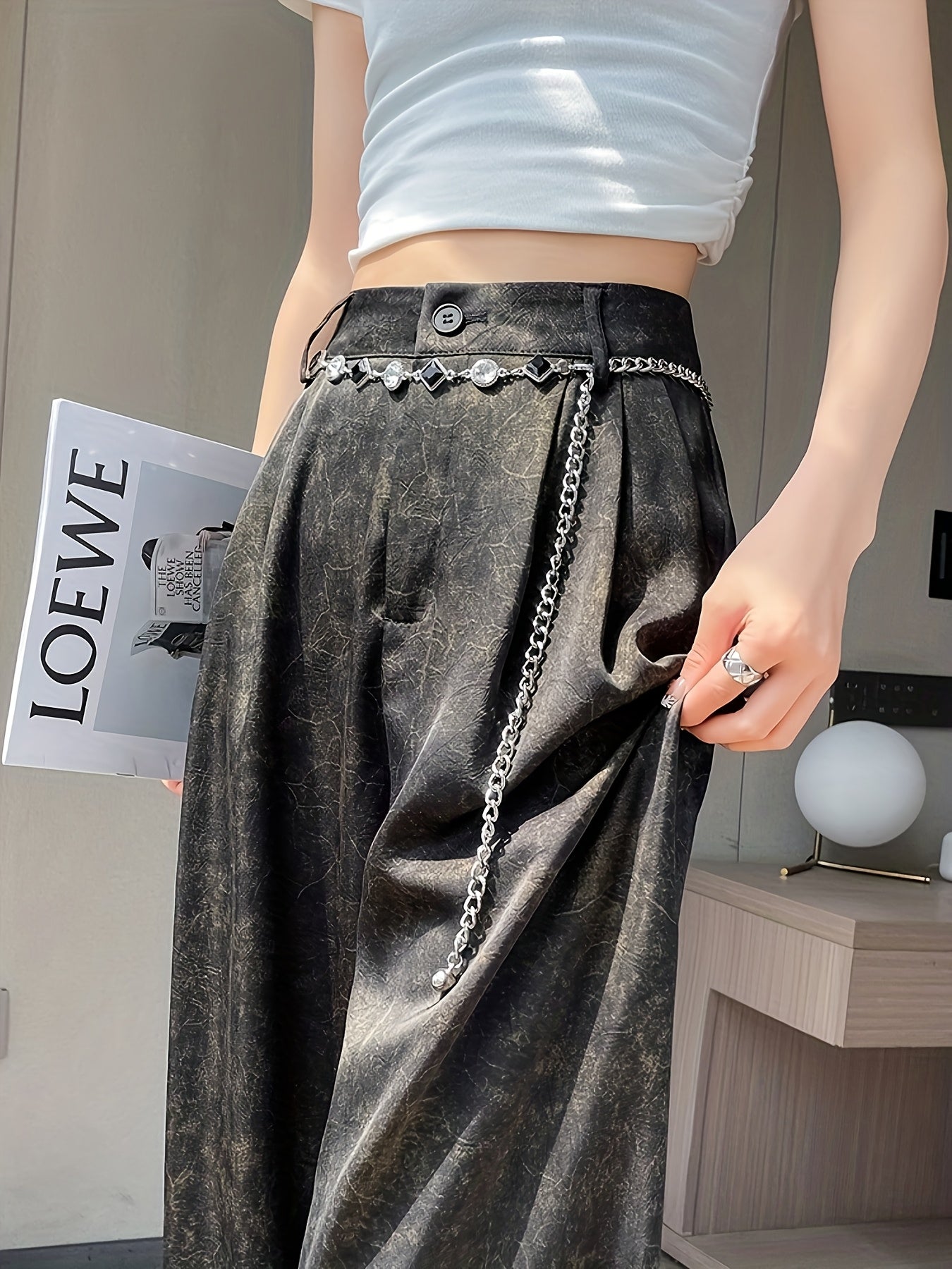 Women's Elegant Straight-Leg Satin Pants - High-Waisted, Loose Fit, Button Detail, Machine Washable, Greenish-Golden Floral Pattern, Summer Style, Casual Yet Sophisticated Look, Highwaisted Trousers | Sophisticated Fashion
