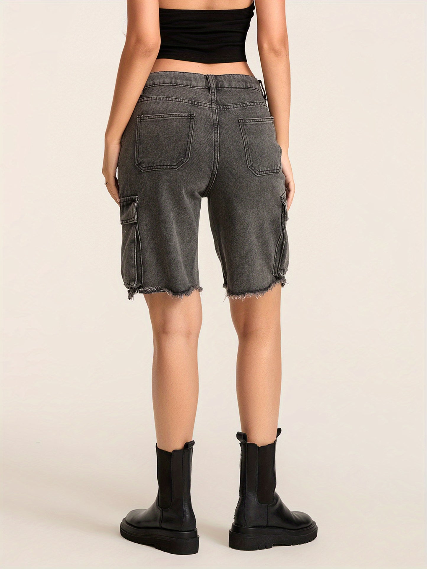 1pc Women'S Casual Cotton Blend Faux Denim Shorts, Solid Color, Multiple Pockets, Straight Leg, Knee-Length, Raw Edge, Pull-On Jean Shorts for Spring\u002FSummer\u002FFall