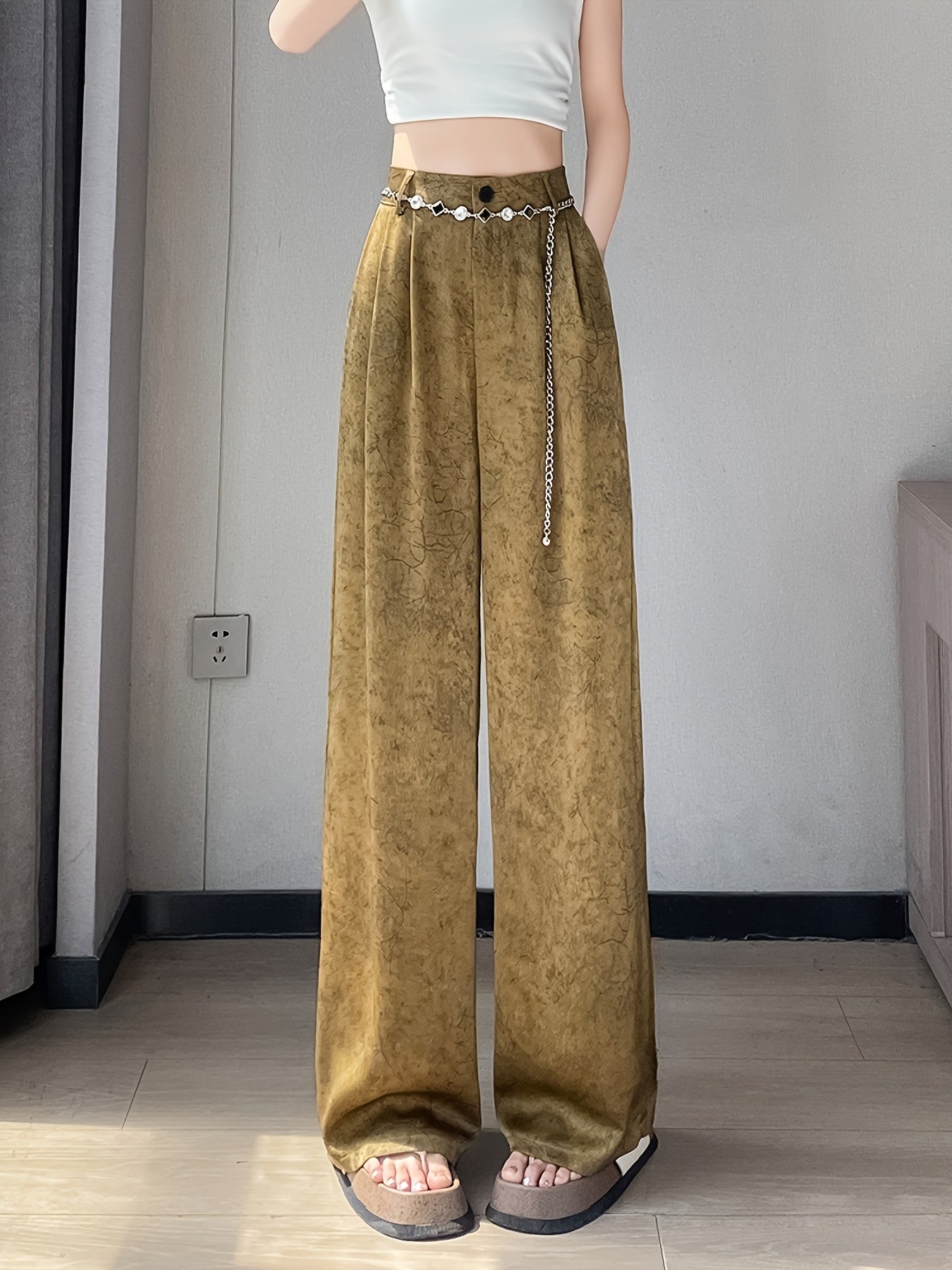 Women's Elegant Straight-Leg Satin Pants - High-Waisted, Loose Fit, Button Detail, Machine Washable, Greenish-Golden Floral Pattern, Summer Style, Casual Yet Sophisticated Look, Highwaisted Trousers | Sophisticated Fashion