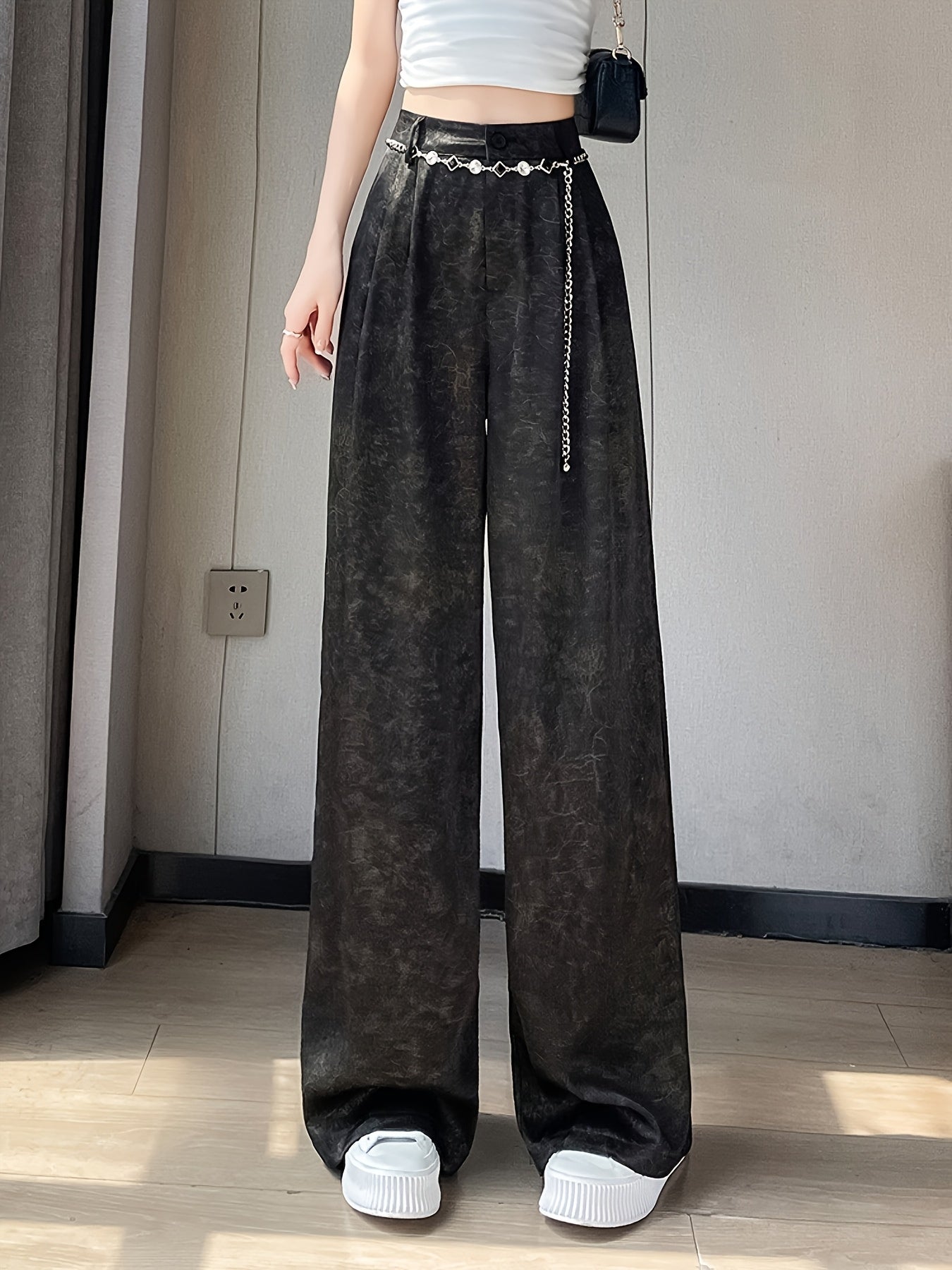 Women's Elegant Straight-Leg Satin Pants - High-Waisted, Loose Fit, Button Detail, Machine Washable, Greenish-Golden Floral Pattern, Summer Style, Casual Yet Sophisticated Look, Highwaisted Trousers | Sophisticated Fashion