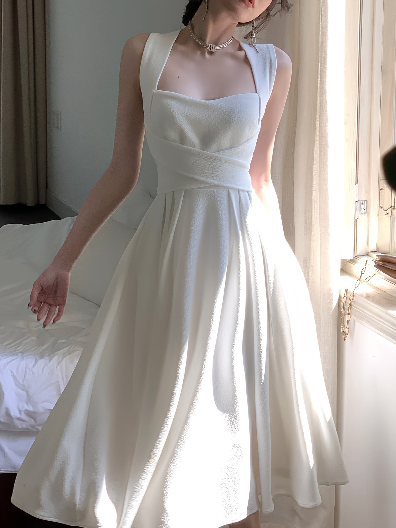 Elegant French-Inspired White Cross-Strap Maxi Dress for Women - Sleeveless, Ruched Waist, Flowy Skirt, Perfect for Summer and Spring, Adult Fashion, Formal Event Attire|Sleek Fitted Top|Ruched Waist Design
