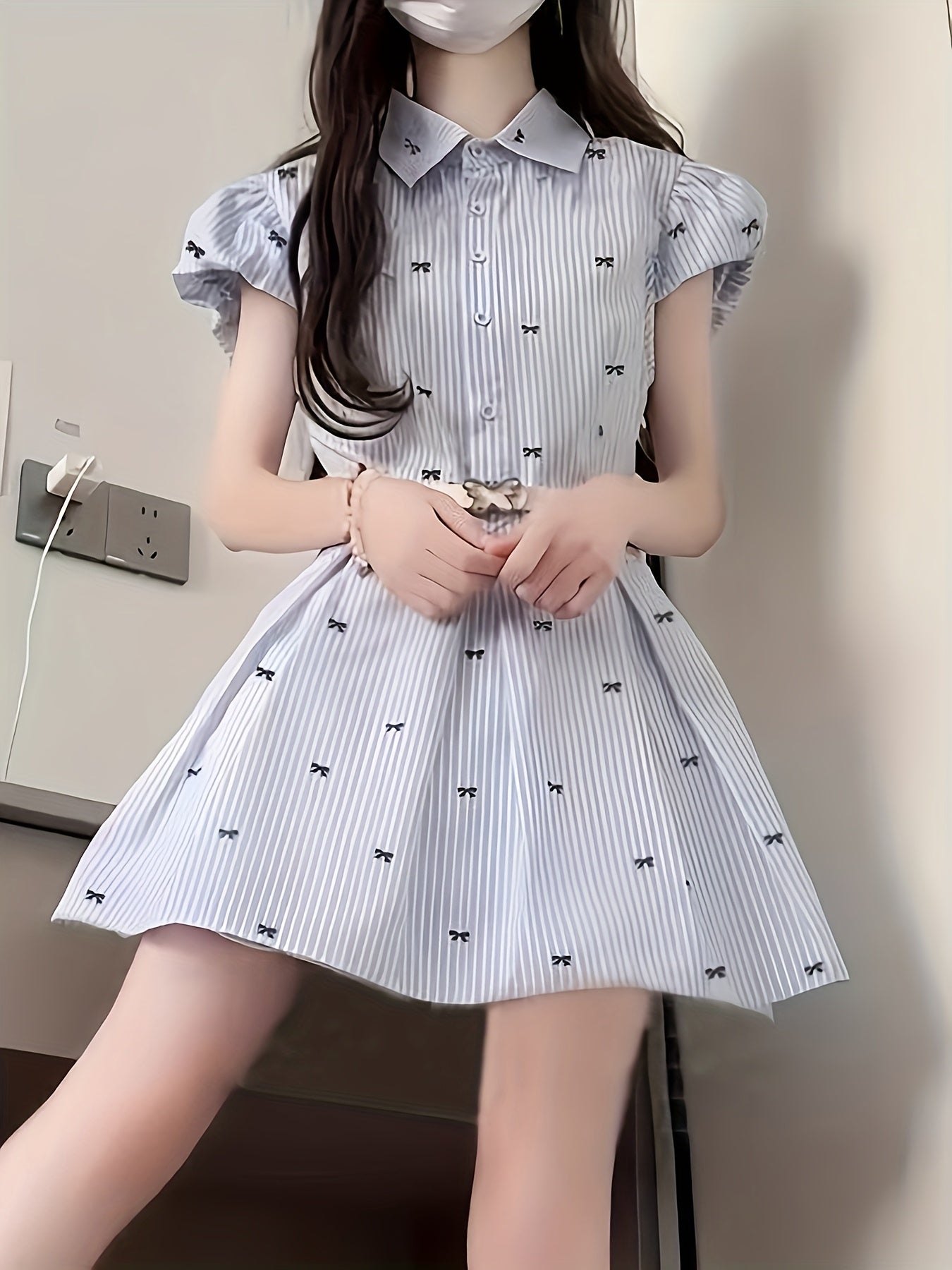 2025 Blue Striped Summer Dress for Women, Bubble Sleeve Belted Waist Bow Tie Shirt Dress