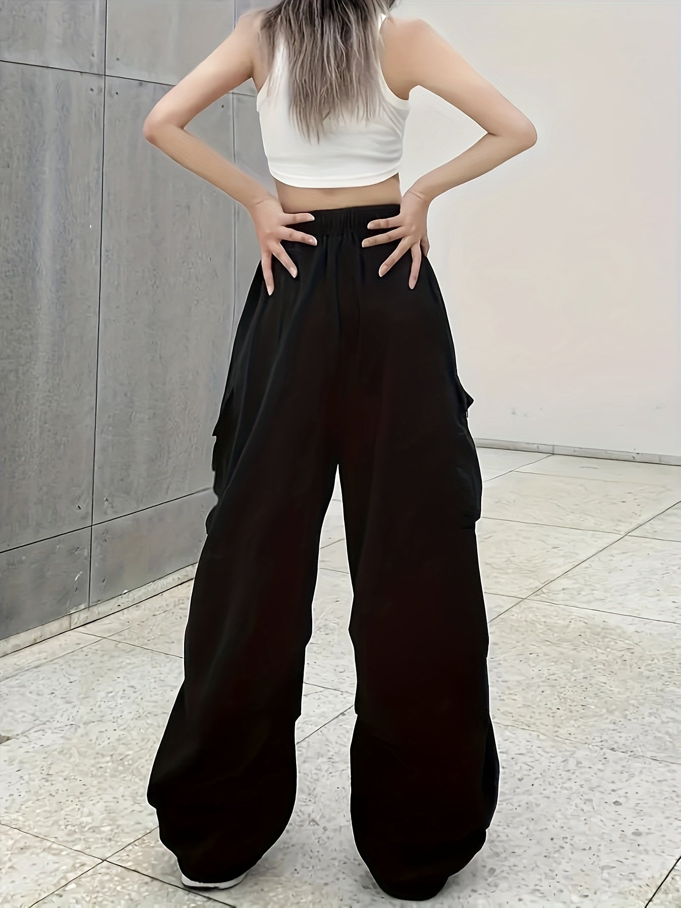 New Girls' Y2K Style Black Cargo Pants with Large Pockets - High Waist, Loose Fit, Elastic Waistband, Durable Polyester, Machine Washable - Suitable for All Seasons, Flattering Legs, Perfect for Outdoor