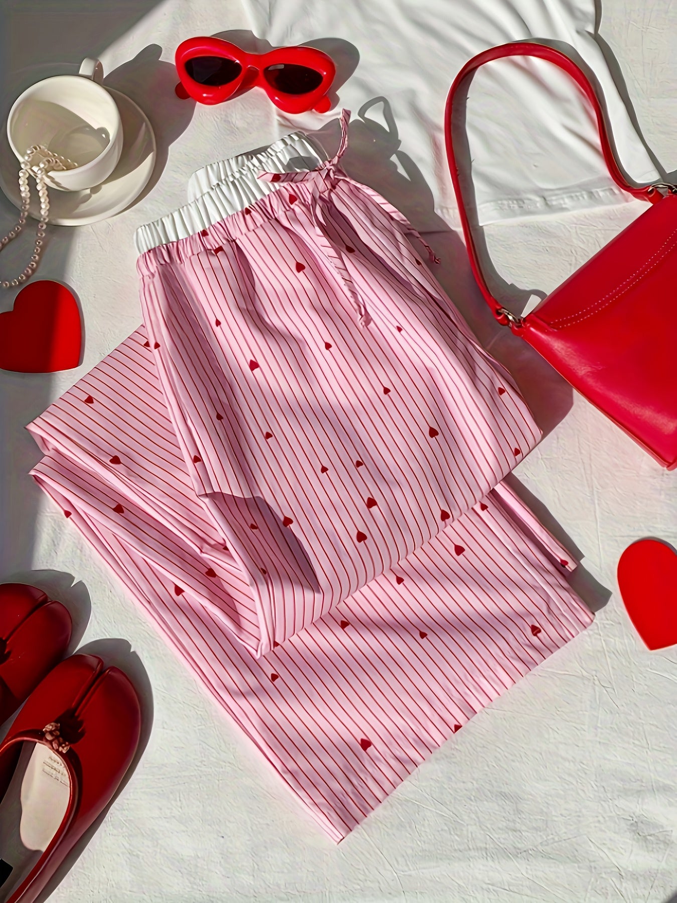 Women's High-Waisted Wide-Leg Pants - Non-Stretch Casual Trousers with Pink & Red Heart Pattern, Everyday & Valentine's Outfits - LL168 Non-Stretch Pants for Women