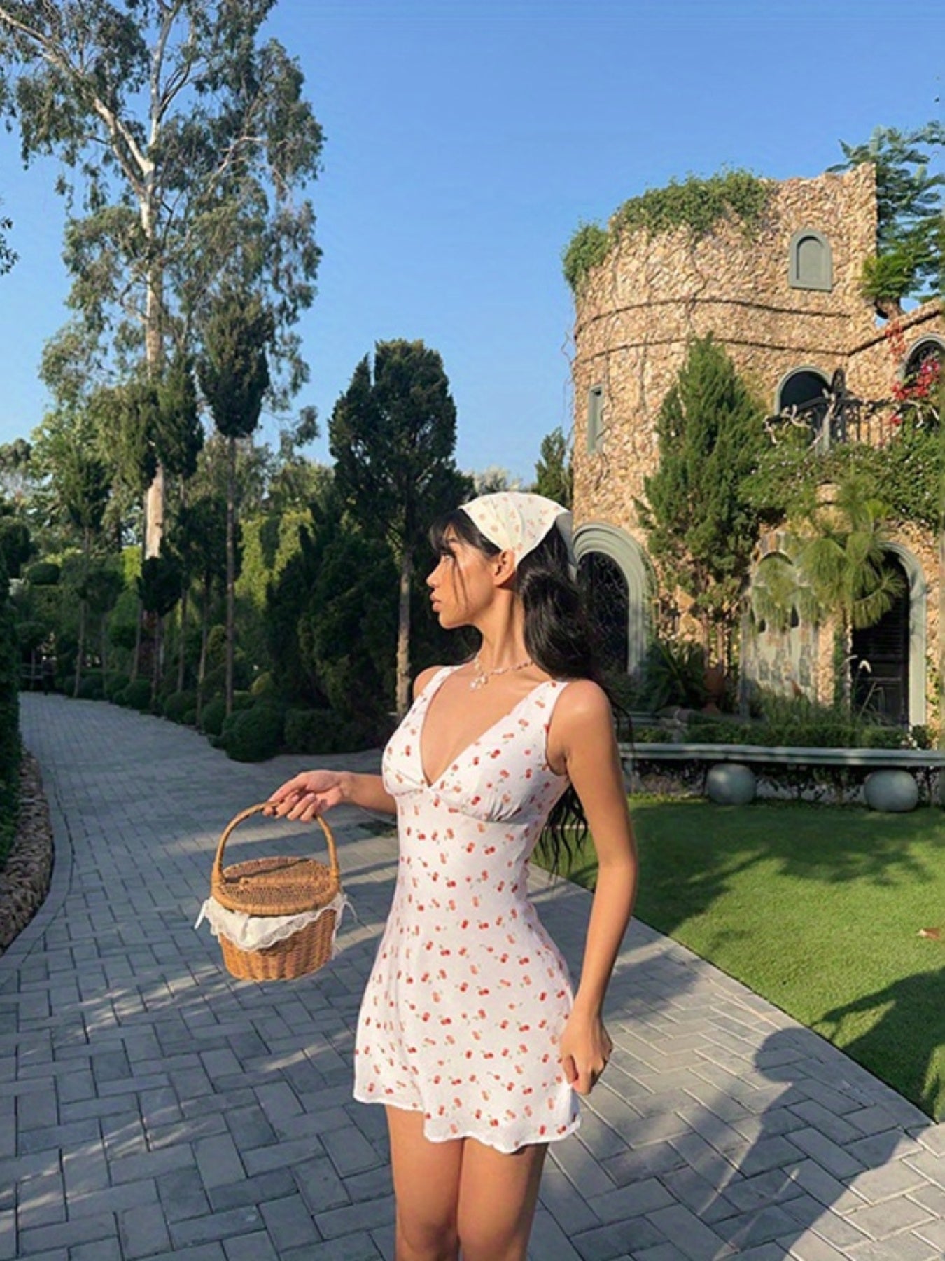 Women Mini Dress Cherry Print Deep V-Neck Sleeveless Dress Summer Casual A-line Dress