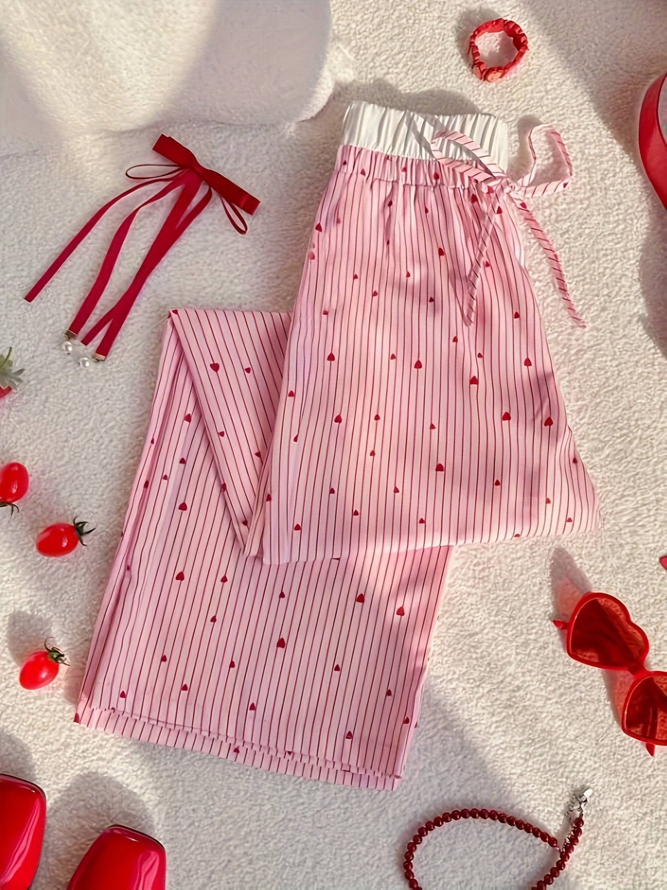 Women's High-Waisted Wide-Leg Pants - Non-Stretch Casual Trousers with Pink & Red Heart Pattern, Everyday & Valentine's Outfits - LL168 Non-Stretch Pants for Women