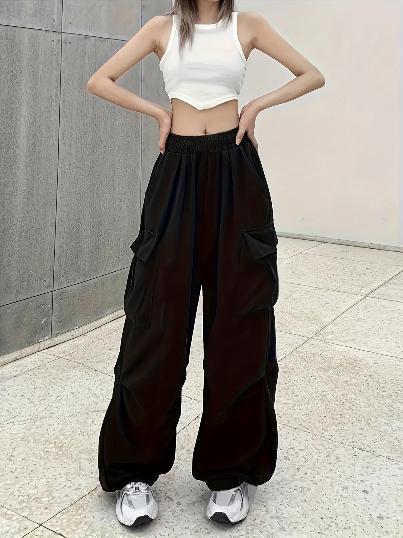 New Girls' Y2K Style Black Cargo Pants with Large Pockets - High Waist, Loose Fit, Elastic Waistband, Durable Polyester, Machine Washable - Suitable for All Seasons, Flattering Legs, Perfect for Outdoor