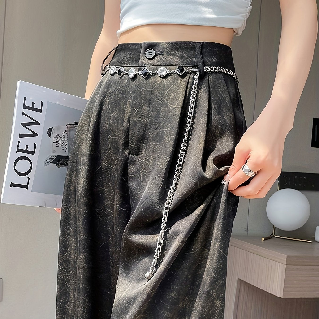 Women's Elegant Straight-Leg Satin Pants - High-Waisted, Loose Fit, Button Detail, Machine Washable, Greenish-Golden Floral Pattern, Summer Style, Casual Yet Sophisticated Look, Highwaisted Trousers | Sophisticated Fashion