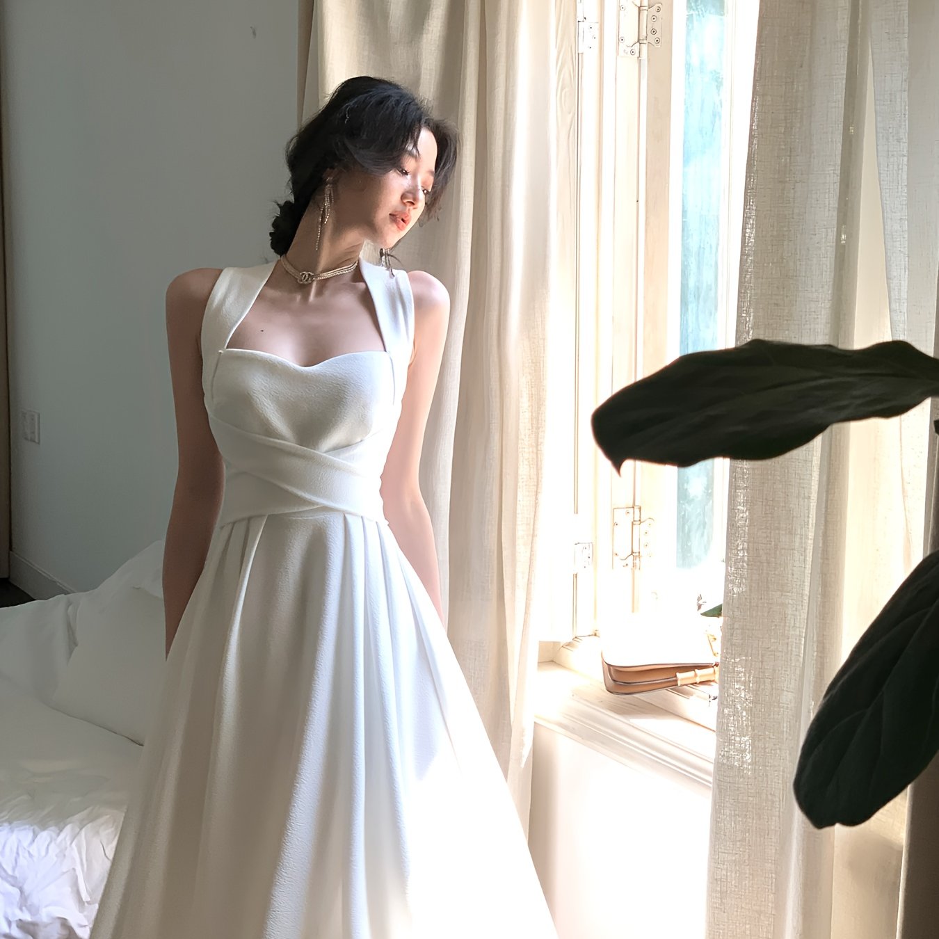 Elegant French-Inspired White Cross-Strap Maxi Dress for Women - Sleeveless, Ruched Waist, Flowy Skirt, Perfect for Summer and Spring, Adult Fashion, Formal Event Attire|Sleek Fitted Top|Ruched Waist Design