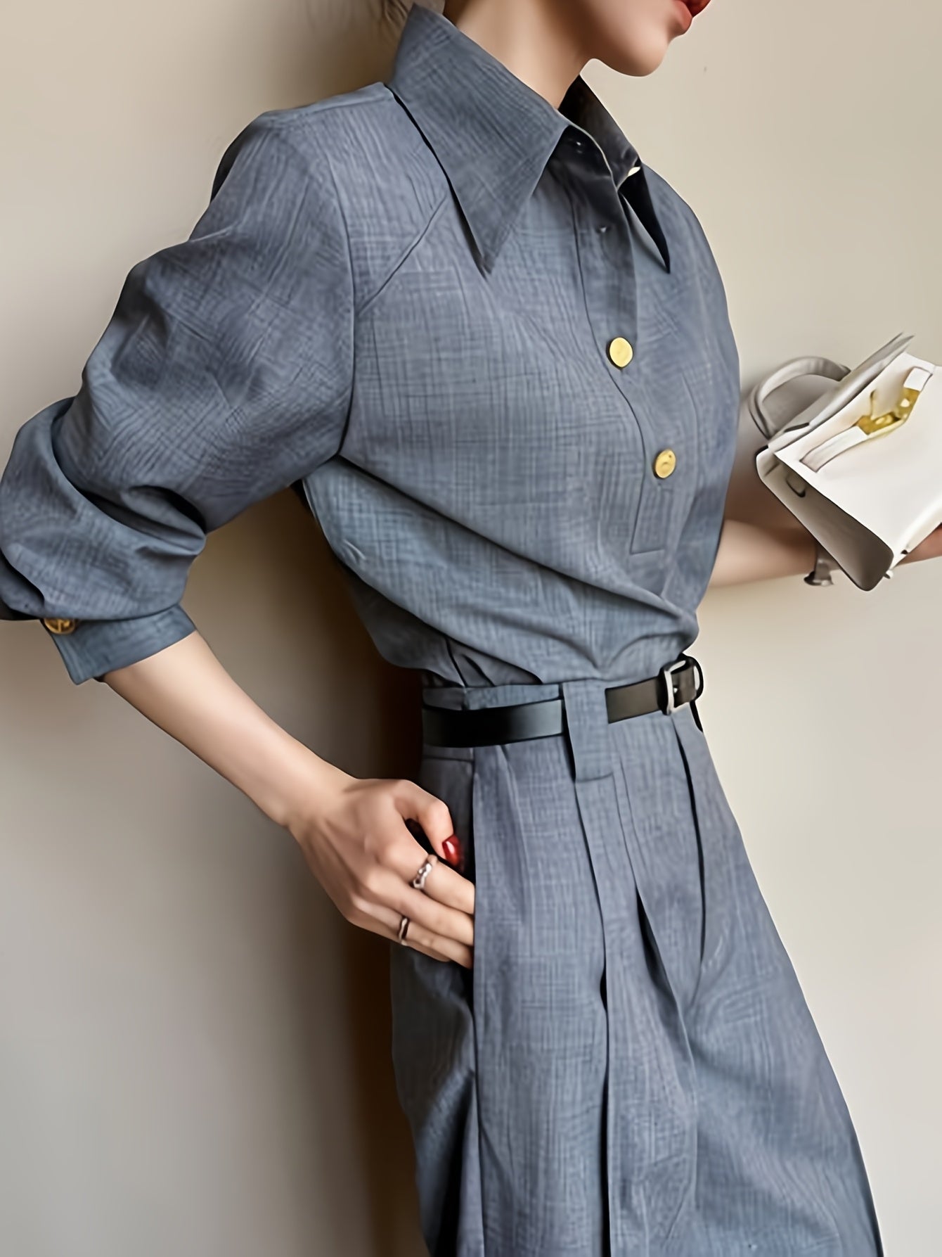 Women'S Stylish Urban Casual Two-Piece Set - Long Sleeve H-Neck Blouse & Wide Leg Pants with Buttons, Perfect for Spring\u002FFall, Polyester Fabric, Casual Attire|Buttonup Blouse|Polyester Fabric