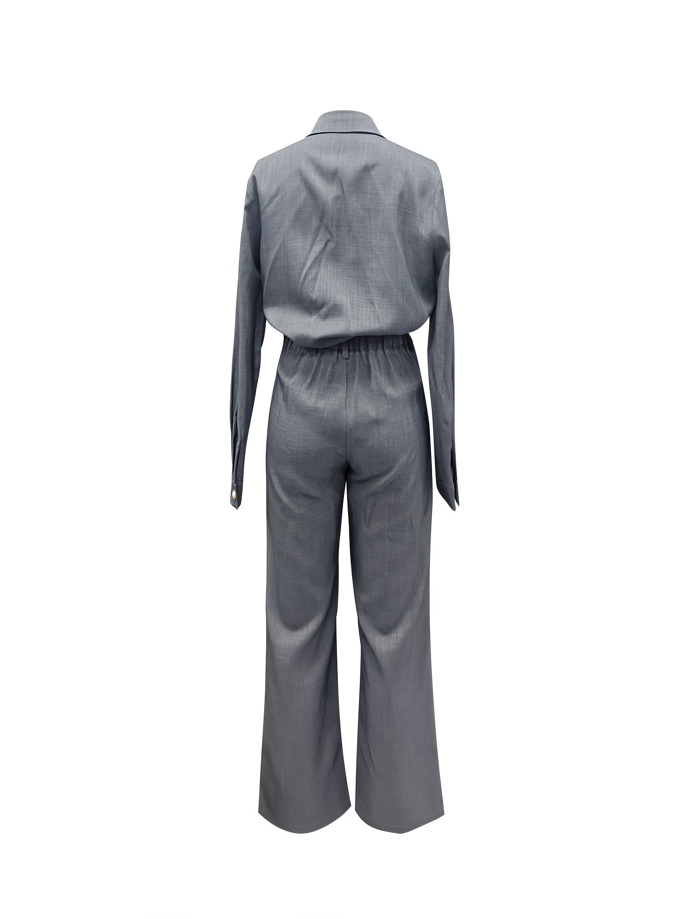 Women'S Stylish Urban Casual Two-Piece Set - Long Sleeve H-Neck Blouse & Wide Leg Pants with Buttons, Perfect for Spring\u002FFall, Polyester Fabric, Casual Attire|Buttonup Blouse|Polyester Fabric