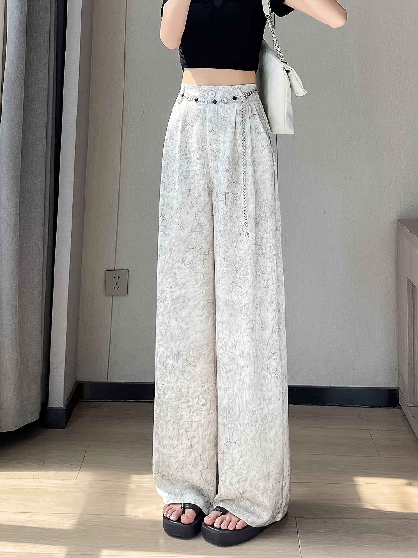 Women's Elegant Straight-Leg Satin Pants - High-Waisted, Loose Fit, Button Detail, Machine Washable, Greenish-Golden Floral Pattern, Summer Style, Casual Yet Sophisticated Look, Highwaisted Trousers | Sophisticated Fashion