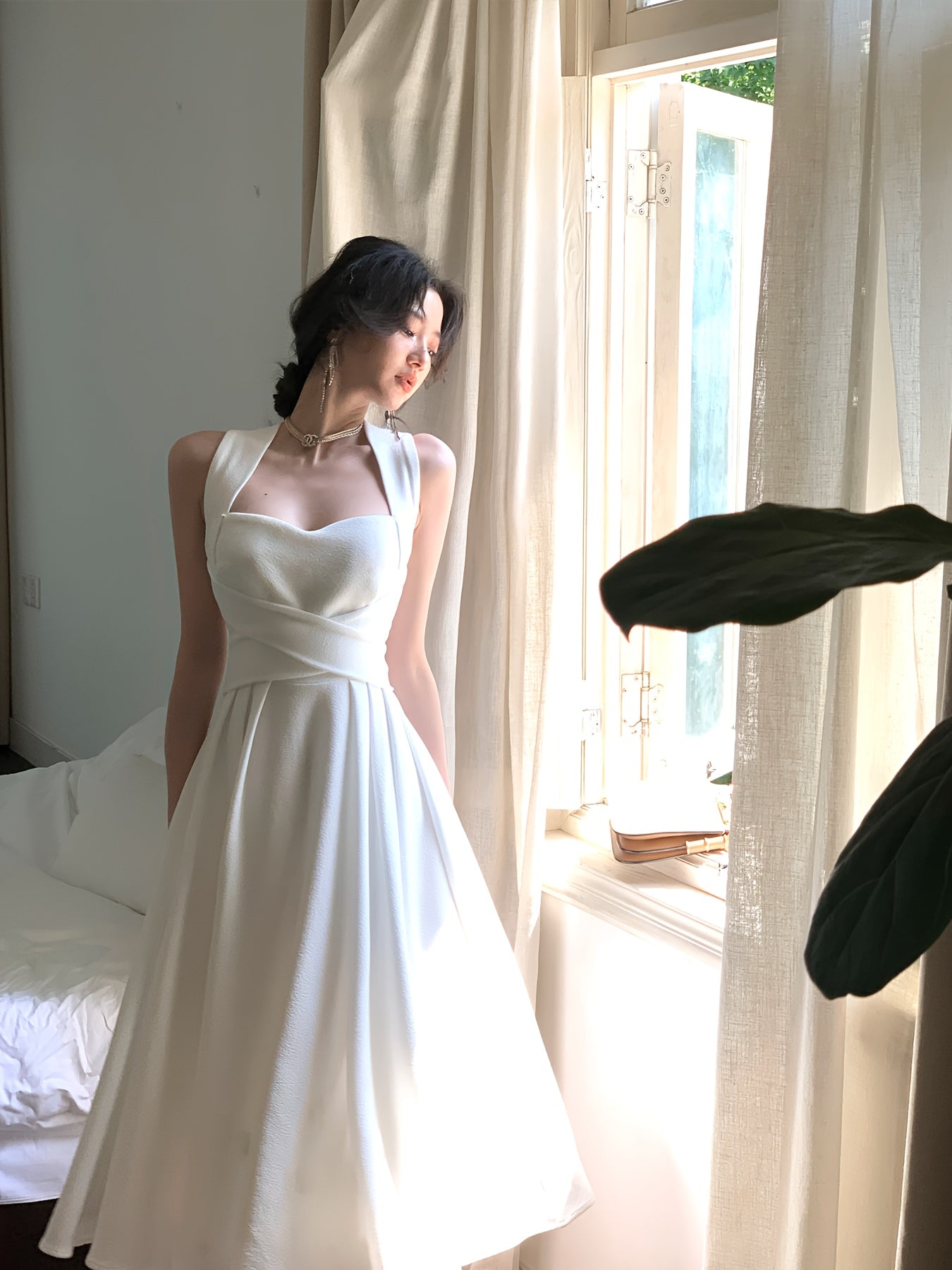 Elegant French-Inspired White Cross-Strap Maxi Dress for Women - Sleeveless, Ruched Waist, Flowy Skirt, Perfect for Summer and Spring, Adult Fashion, Formal Event Attire|Sleek Fitted Top|Ruched Waist Design