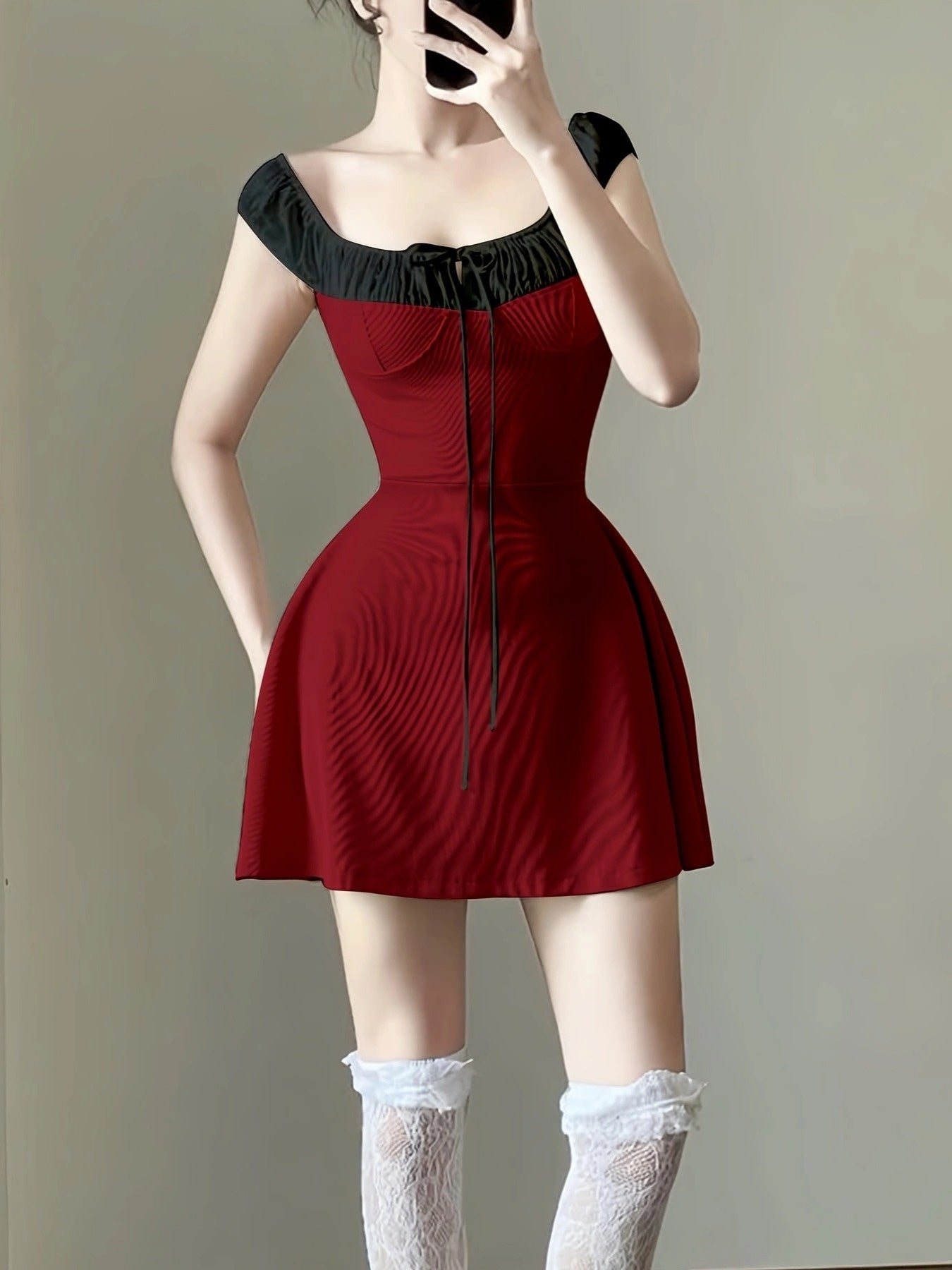 Elegant Off-Shoulder Red Mini Dress with Black Trim - Cinched Waist, Lace-Up Detail, Ruffled Hem, Perfect for Summer Vacation, Vacation Dress | Offshoulder Dress | Construction, Cute Dresses