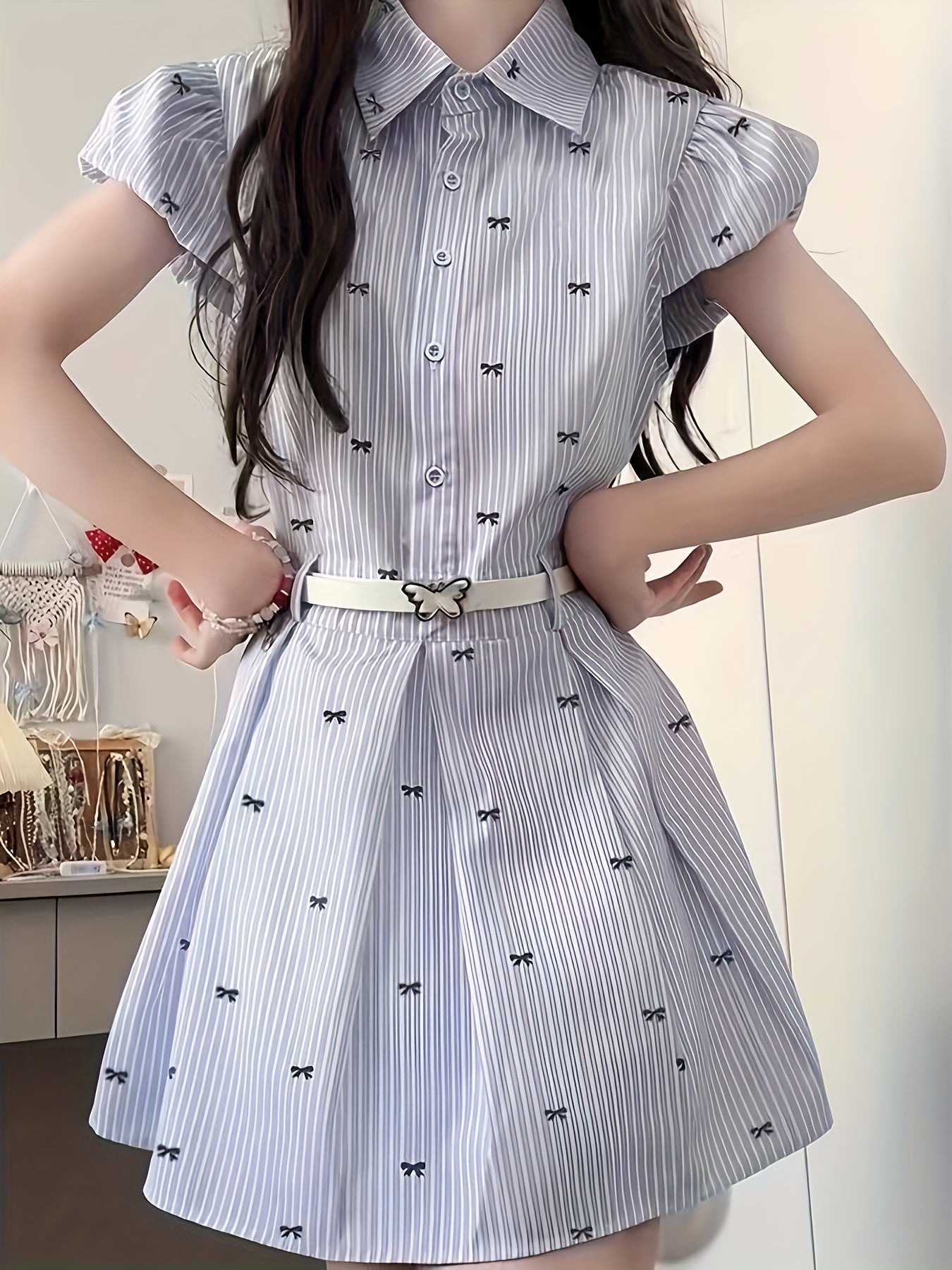 2025 Blue Striped Summer Dress for Women, Bubble Sleeve Belted Waist Bow Tie Shirt Dress