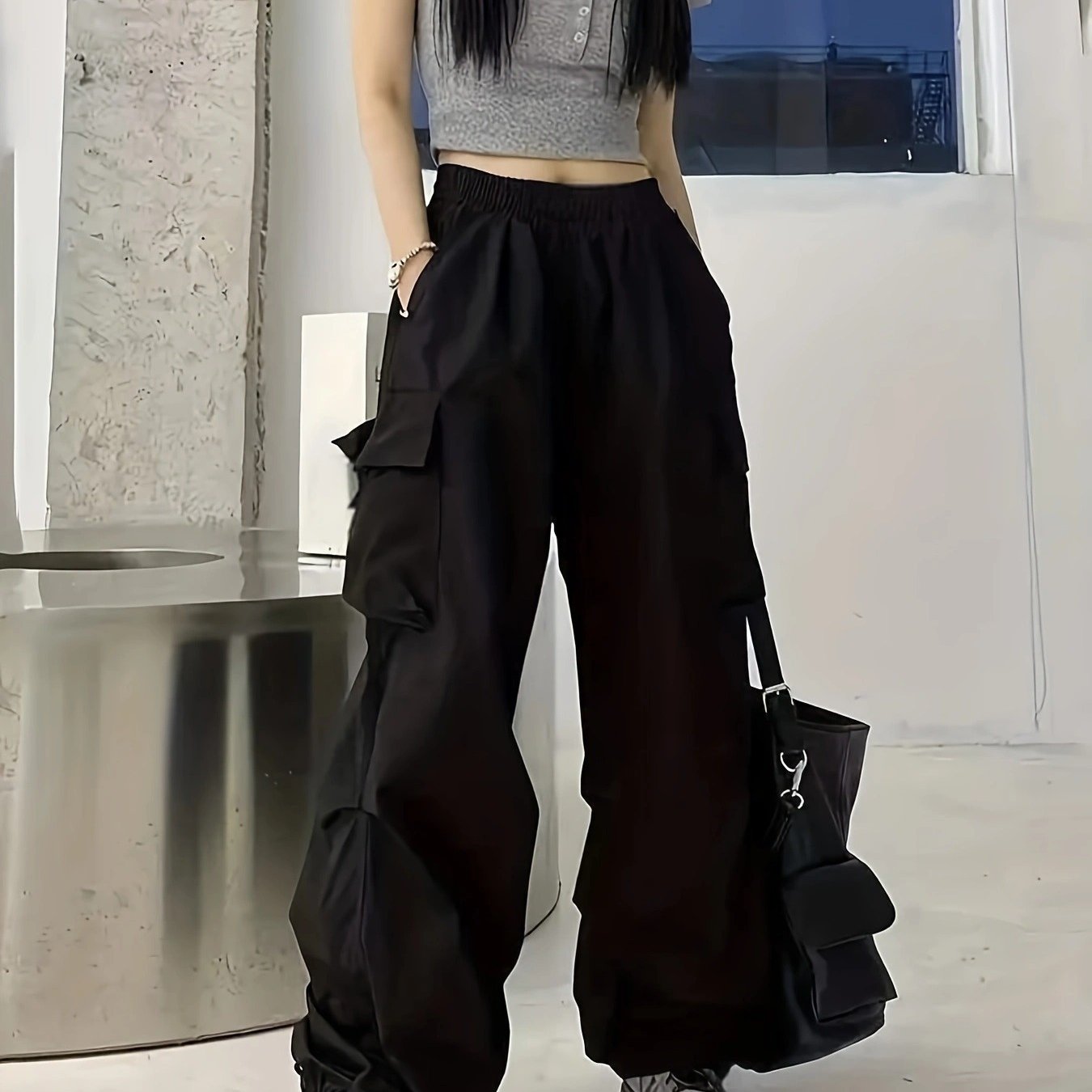 New Girls' Y2K Style Black Cargo Pants with Large Pockets - High Waist, Loose Fit, Elastic Waistband, Durable Polyester, Machine Washable - Suitable for All Seasons, Flattering Legs, Perfect for Outdoor