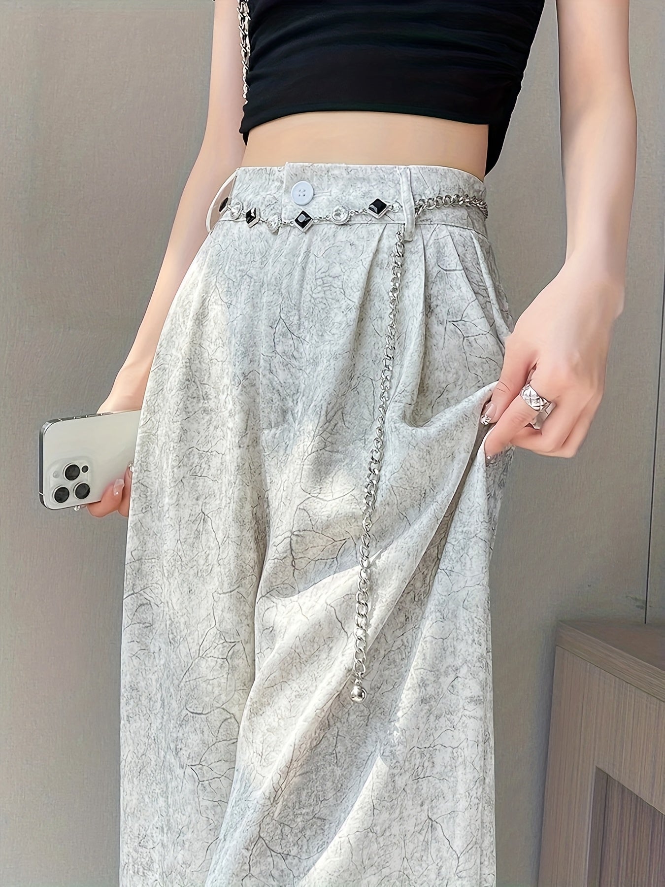 Women's Elegant Straight-Leg Satin Pants - High-Waisted, Loose Fit, Button Detail, Machine Washable, Greenish-Golden Floral Pattern, Summer Style, Casual Yet Sophisticated Look, Highwaisted Trousers | Sophisticated Fashion