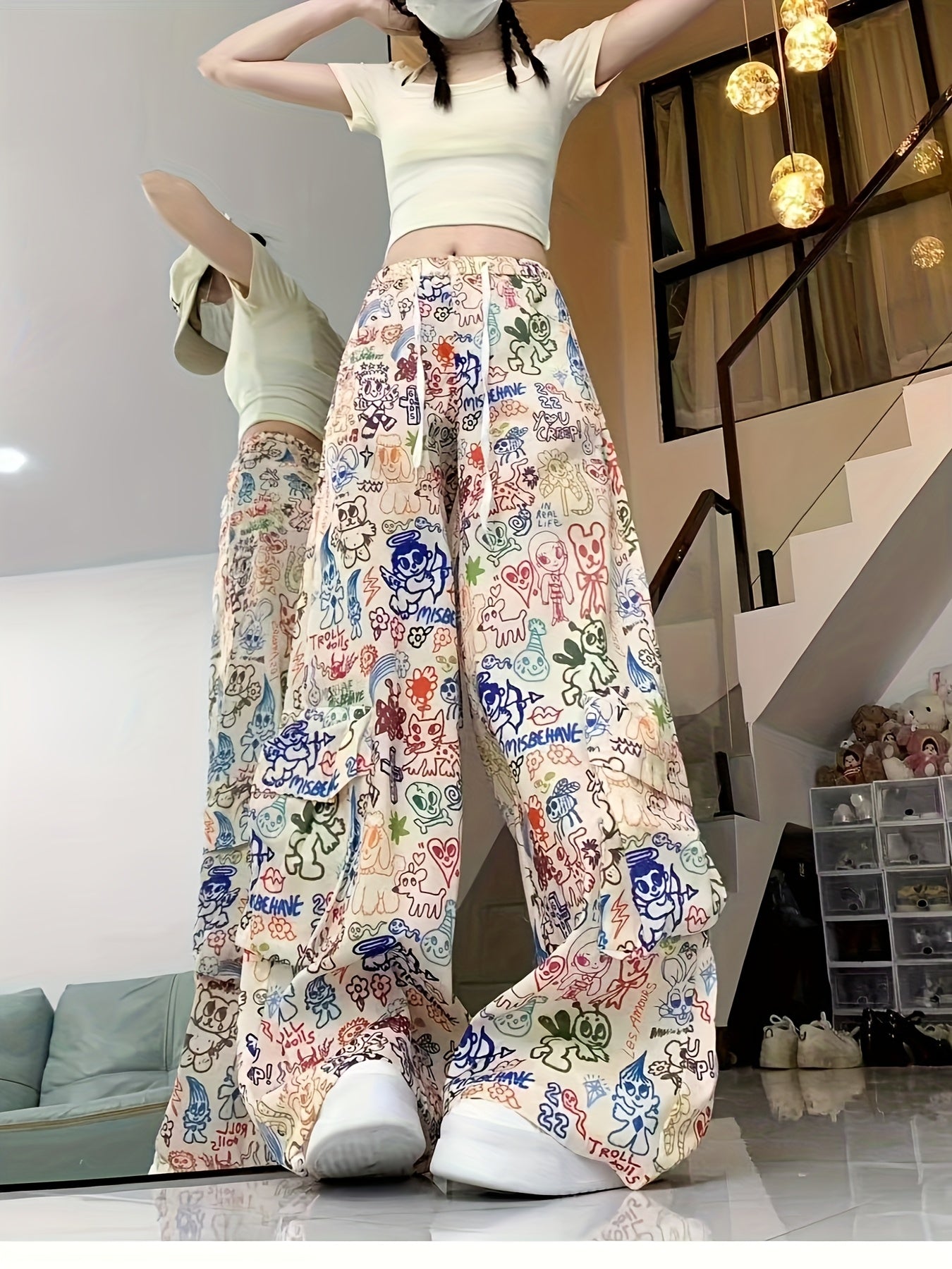 Women'S High-Waisted Wide-Leg Cargo Pants with Vibrant Floral Print, Elastic Waistband & Pockets - Casual Spring\u002FSummer Trousers for Adults, High Waisted Leggings
