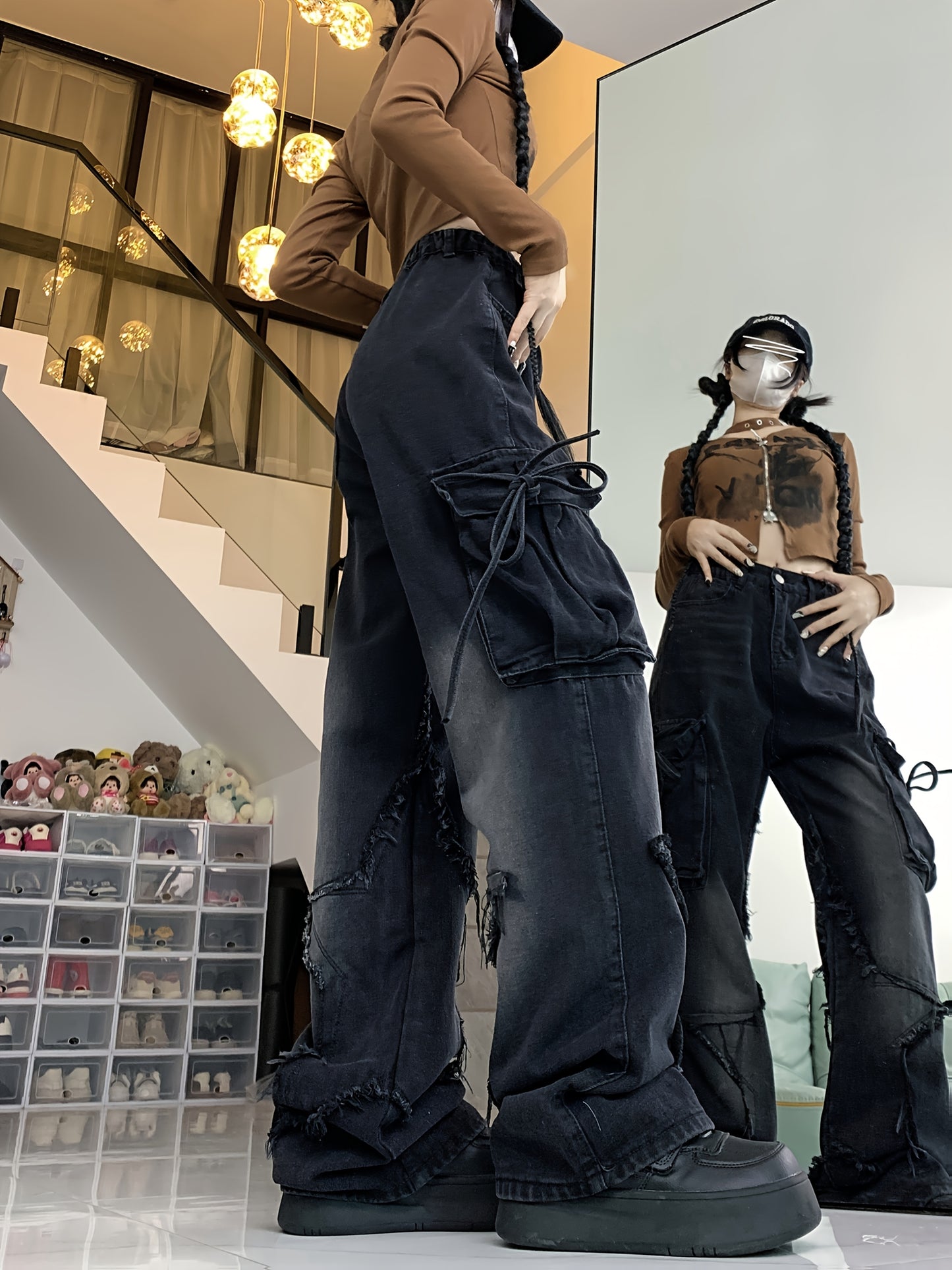 Black Pants Retro Trendy Straps Work Jeans Women's New High Street Design Loose And Slim Straight Wide-leg Pants