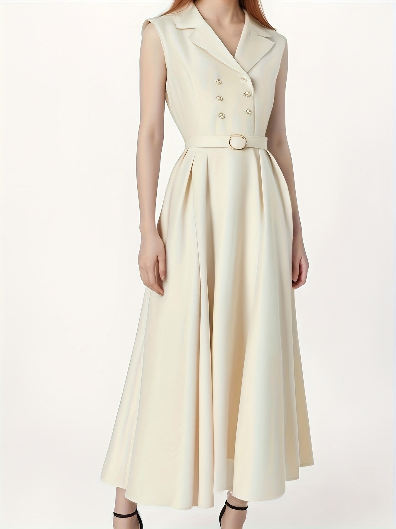 Elegant Sleeveless Midi Dress for Women - Spring\u002FSummer Collection, Button- Front, High-Low Hem, Solid Color, Polyester, Casual Chic Style, Machine Washabl