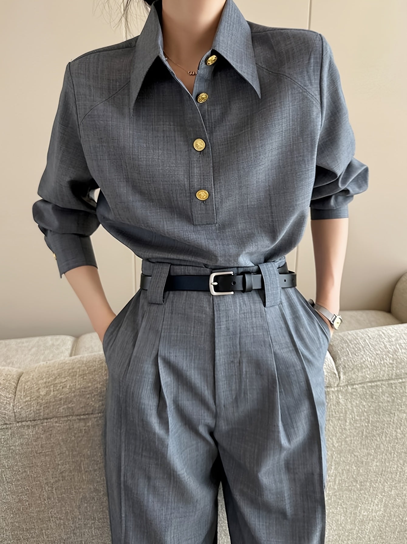 Women'S Stylish Urban Casual Two-Piece Set - Long Sleeve H-Neck Blouse & Wide Leg Pants with Buttons, Perfect for Spring\u002FFall, Polyester Fabric, Casual Attire|Buttonup Blouse|Polyester Fabric