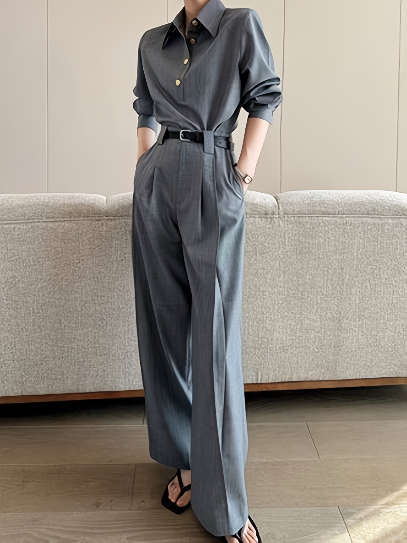 Women'S Stylish Urban Casual Two-Piece Set - Long Sleeve H-Neck Blouse & Wide Leg Pants with Buttons, Perfect for Spring\u002FFall, Polyester Fabric, Casual Attire|Buttonup Blouse|Polyester Fabric