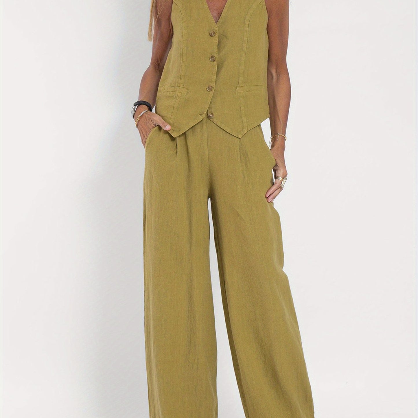 Women 2pcs Outfits Solid Color Button Tank Tops And Wide Leg Pants Set Streetwear Aesthetic Clothes