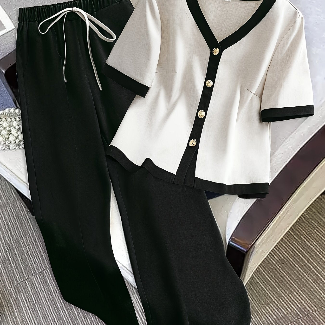 Women's Color Block Short Sleeve Top and Elastic Waist Pants Set