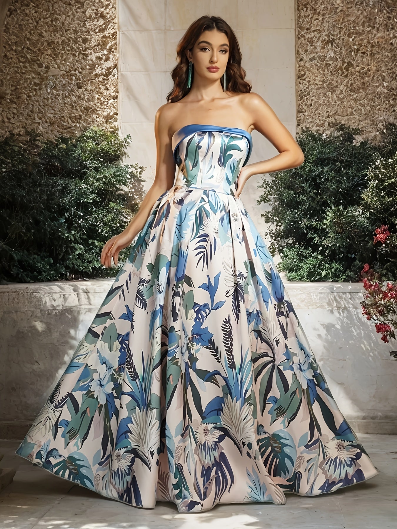 Elegant Off-Shoulder Pleated Tropical Floral Evening Gown - Long Formal Dress with Zipper Back, Blue & White Floral Print, Perfect for Weddings & Parties, Tropical Dress