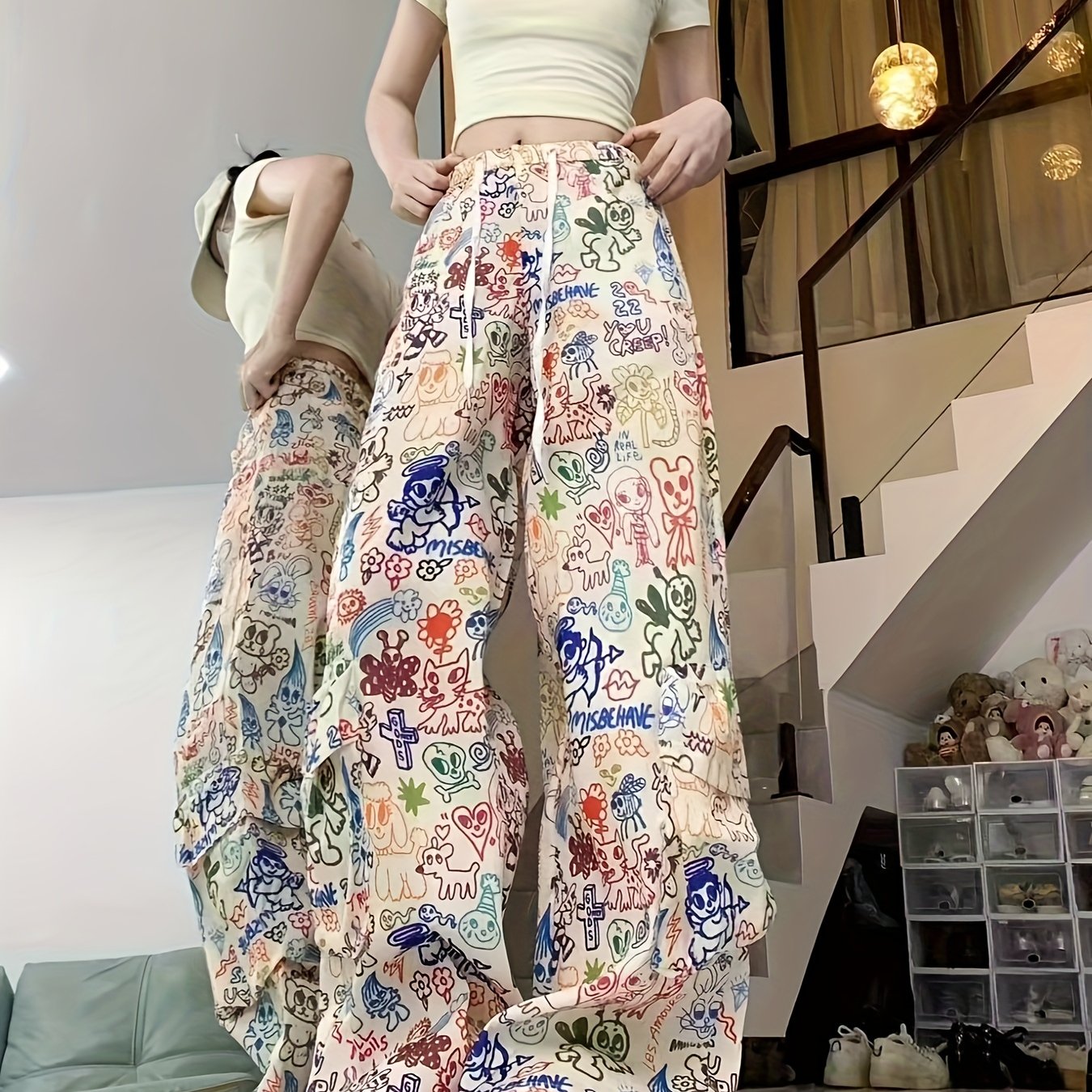 Women'S High-Waisted Wide-Leg Cargo Pants with Vibrant Floral Print, Elastic Waistband & Pockets - Casual Spring\u002FSummer Trousers for Adults, High Waisted Leggings