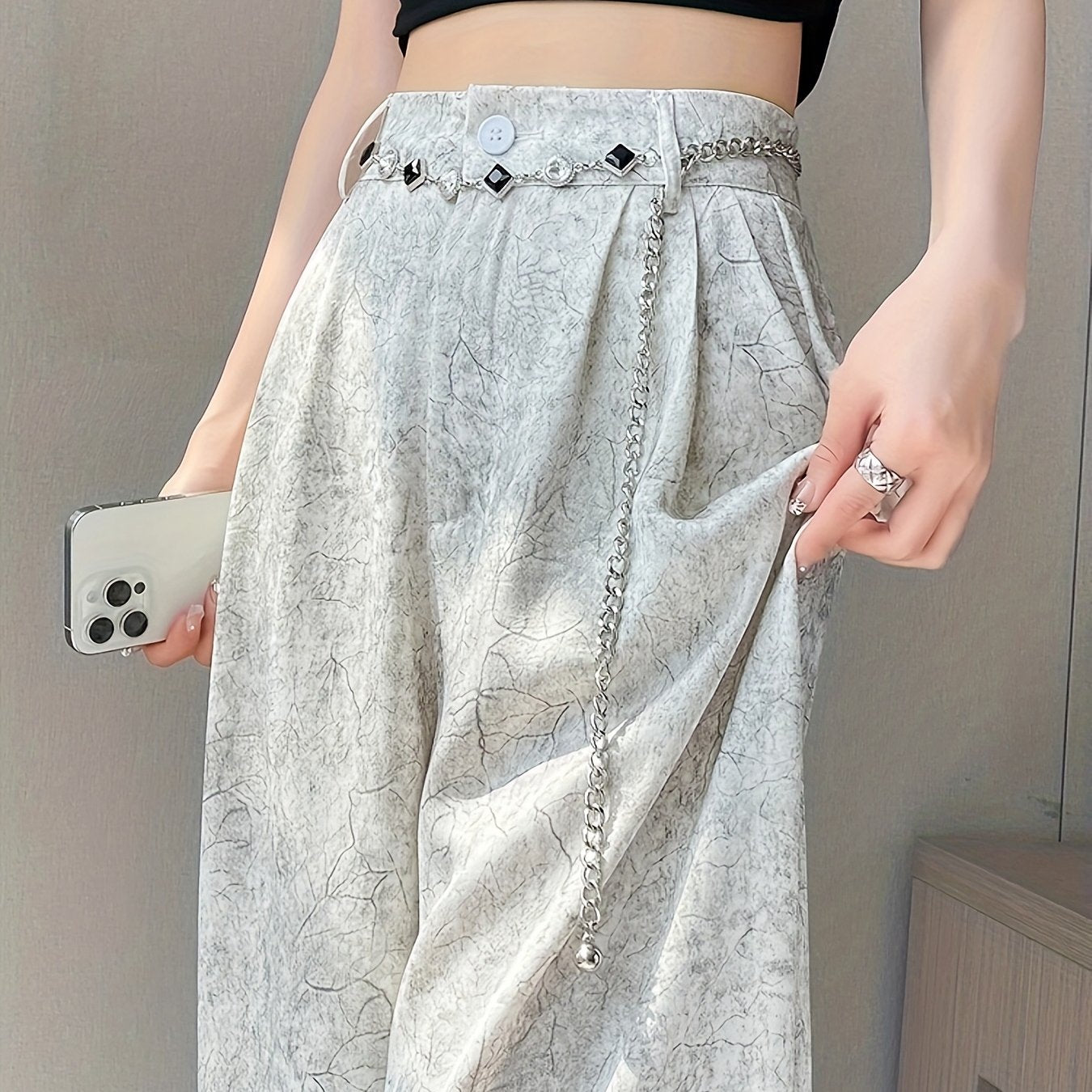 Women's Elegant Straight-Leg Satin Pants - High-Waisted, Loose Fit, Button Detail, Machine Washable, Greenish-Golden Floral Pattern, Summer Style, Casual Yet Sophisticated Look, Highwaisted Trousers | Sophisticated Fashion