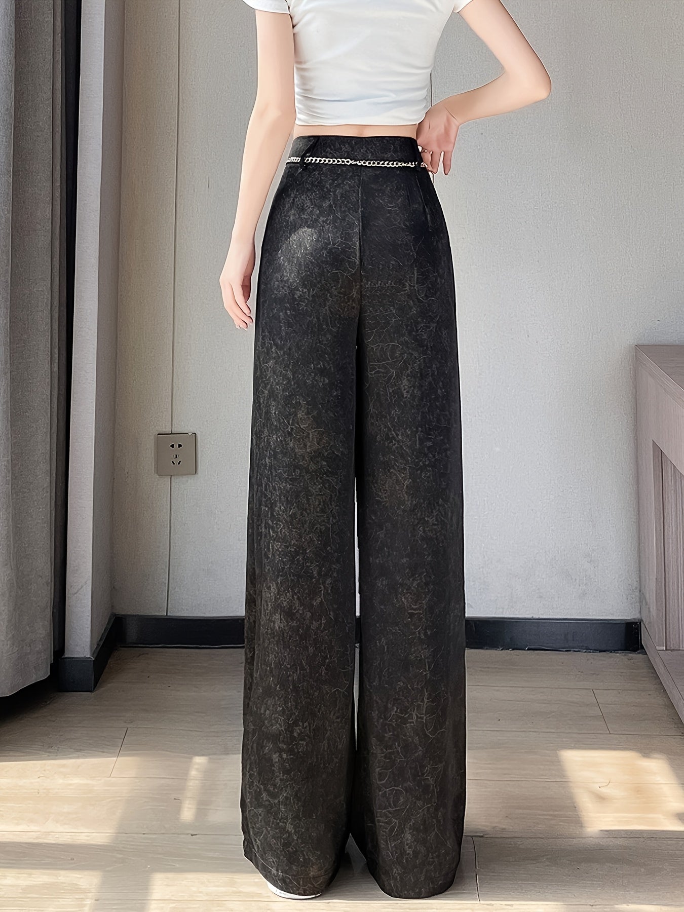 Women's Elegant Straight-Leg Satin Pants - High-Waisted, Loose Fit, Button Detail, Machine Washable, Greenish-Golden Floral Pattern, Summer Style, Casual Yet Sophisticated Look, Highwaisted Trousers | Sophisticated Fashion