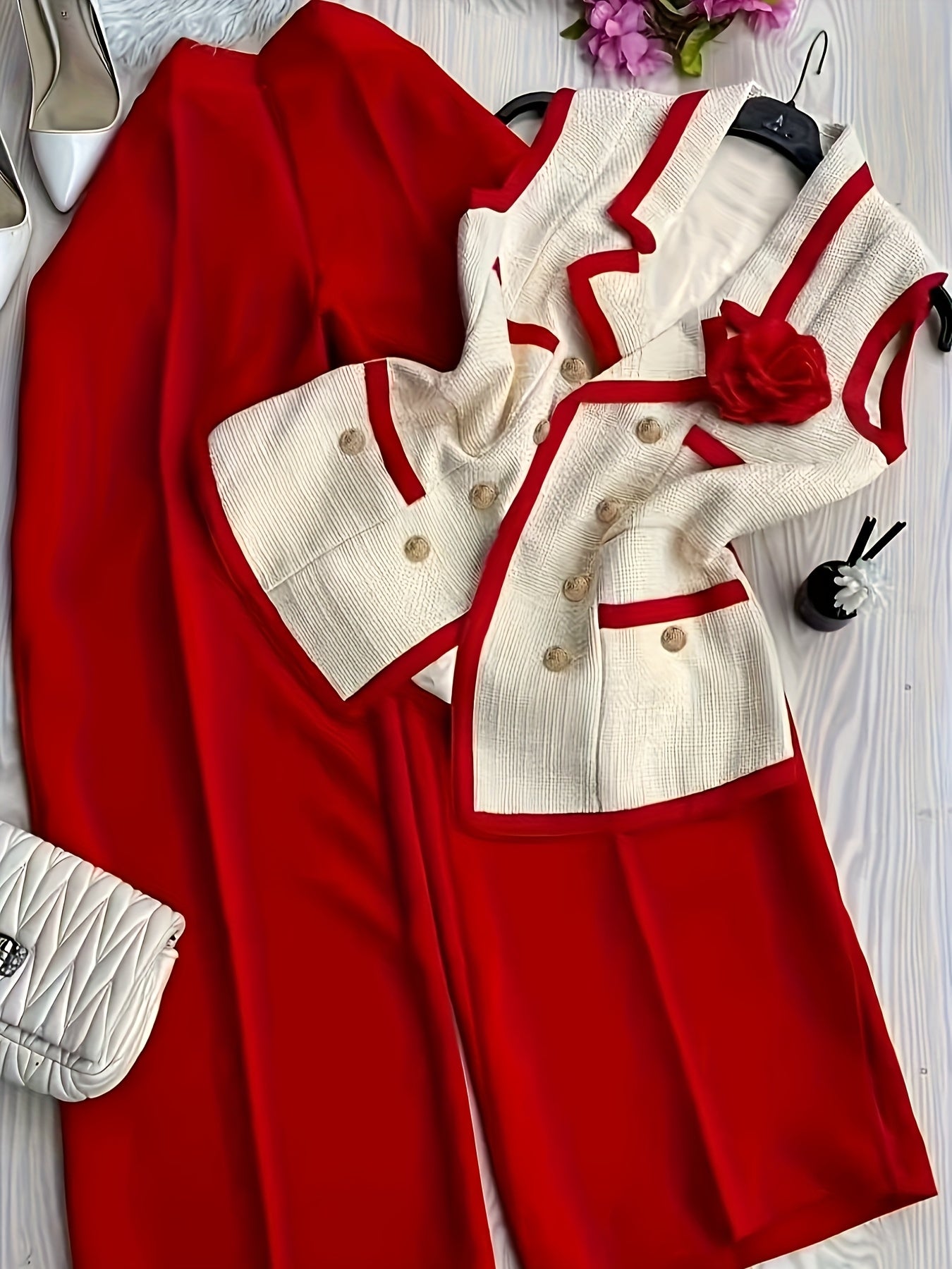Women'S Stylish Red & Beige Check Blazer & Skirt Set - Perfect for Spring\u002FSummer\u002FFall, Lapel Collar, Solid Color Pattern, Adult Size, Casual Attire|Check Pattern Blazer|Structured Lapel Collar