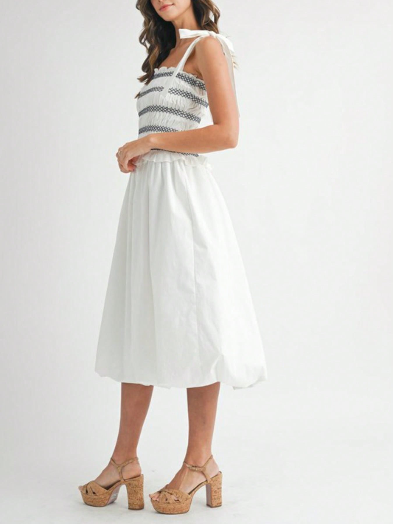 Womens Casual Summer Romantic Chic Smocked Striped Bow Shoulder Midi Dress White Square Neck Sleeveless Flared Skirt Light Airy Beach Vacation Party Sundress