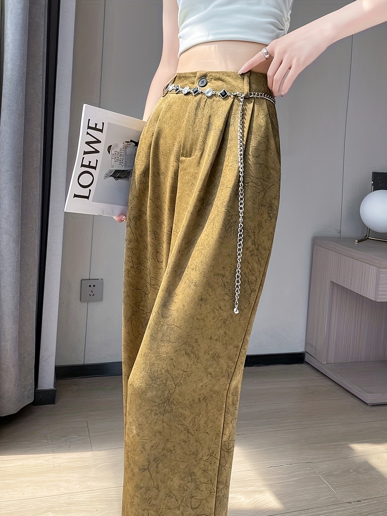 Women's Elegant Straight-Leg Satin Pants - High-Waisted, Loose Fit, Button Detail, Machine Washable, Greenish-Golden Floral Pattern, Summer Style, Casual Yet Sophisticated Look, Highwaisted Trousers | Sophisticated Fashion