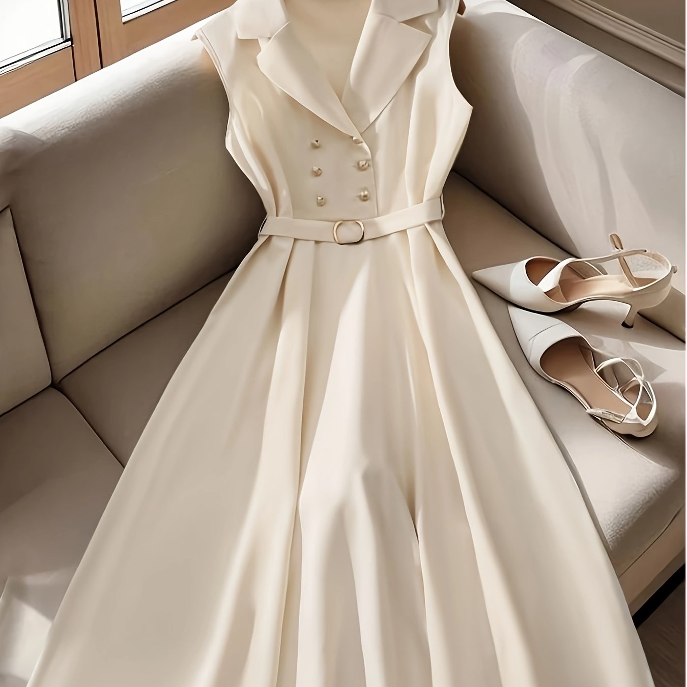 Elegant Sleeveless Midi Dress for Women - Spring\u002FSummer Collection, Button- Front, High-Low Hem, Solid Color, Polyester, Casual Chic Style, Machine Washabl