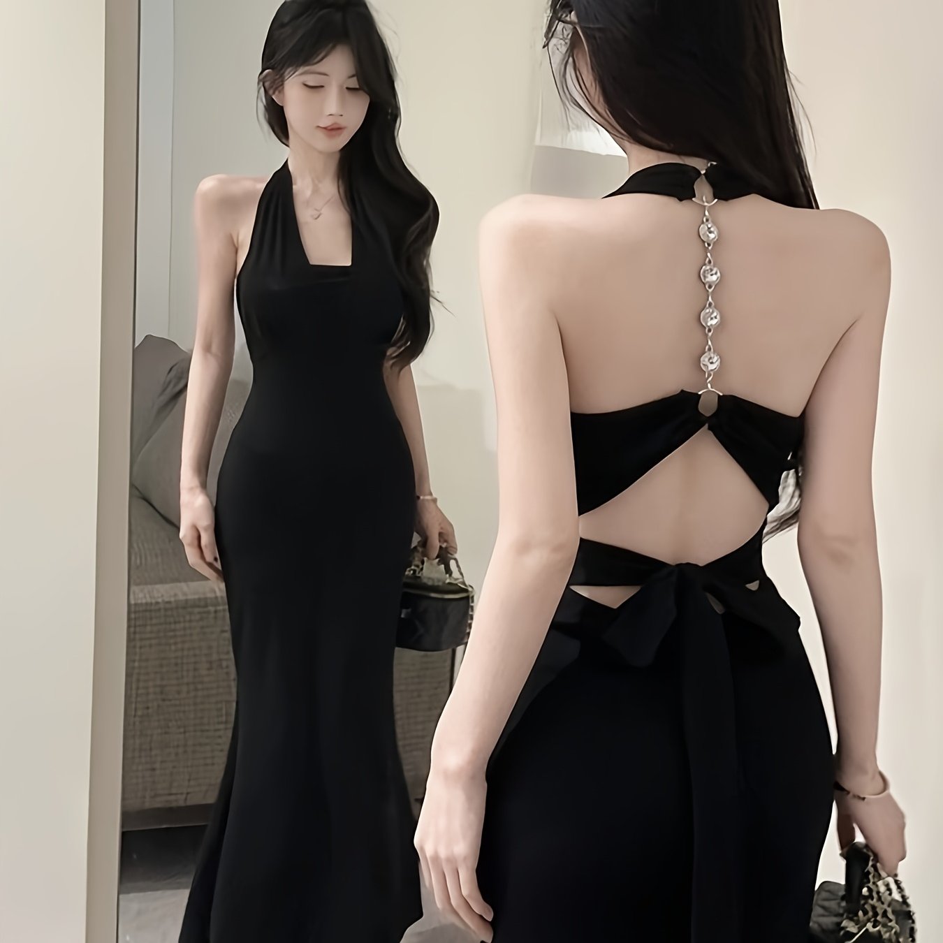 A Black Designer Chain Neck Strap Backless Dress for Women, Featuring a Sexy, Fitted Silhouette with a Mermaid Hem And Built-In Padding, Perfect for Summer.