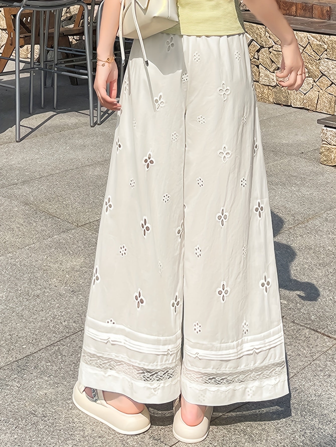 Women'S High-Waist Wide-Leg Lace Pants - Lightweight Summer Casual Trousers with Floral Embroidery & Cut-Out Details, Loose Fit All-Season Comfort for Casual Attire, High Waisted Pants, Comfortable Footwear