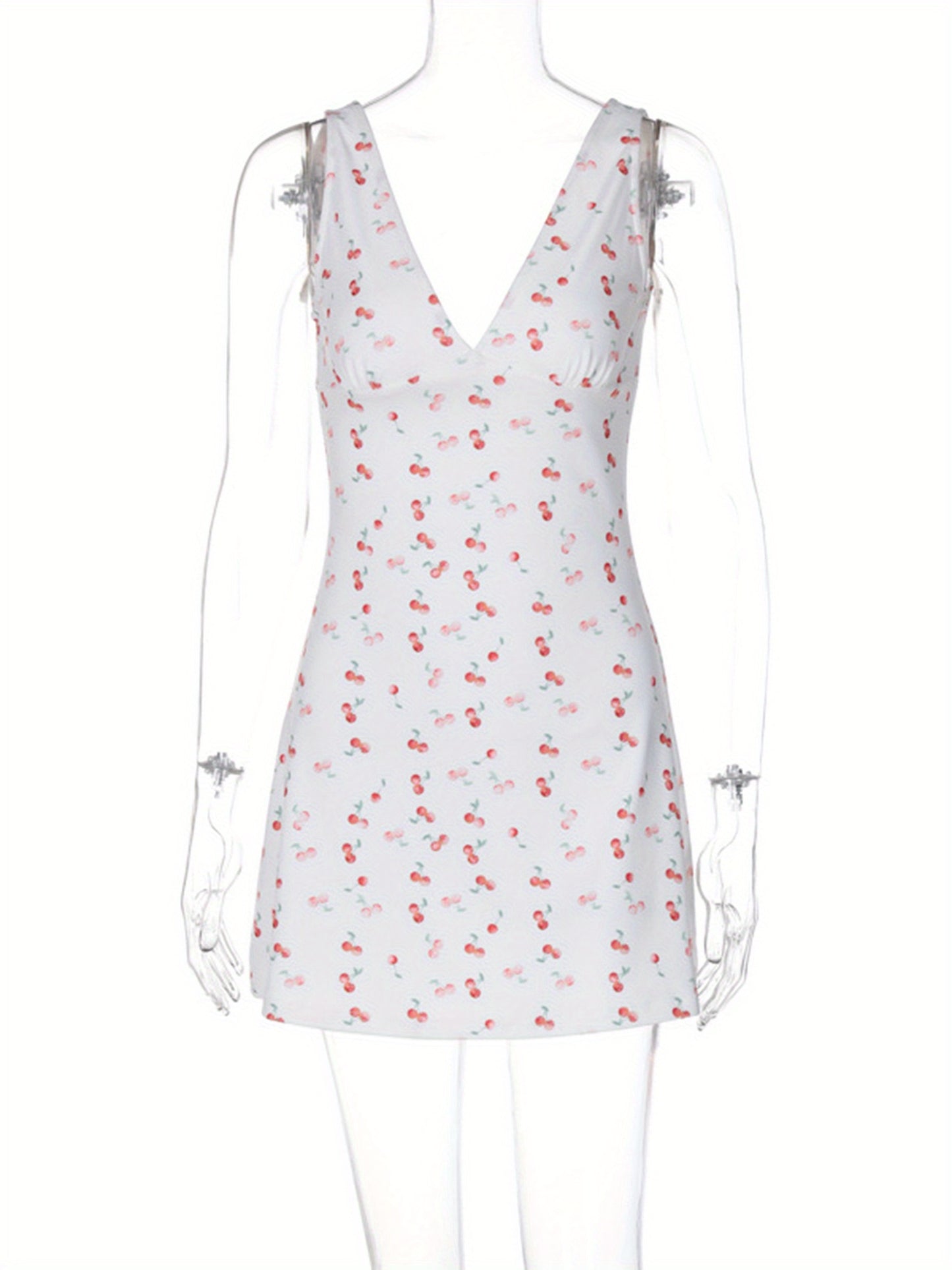Women Mini Dress Cherry Print Deep V-Neck Sleeveless Dress Summer Casual A-line Dress
