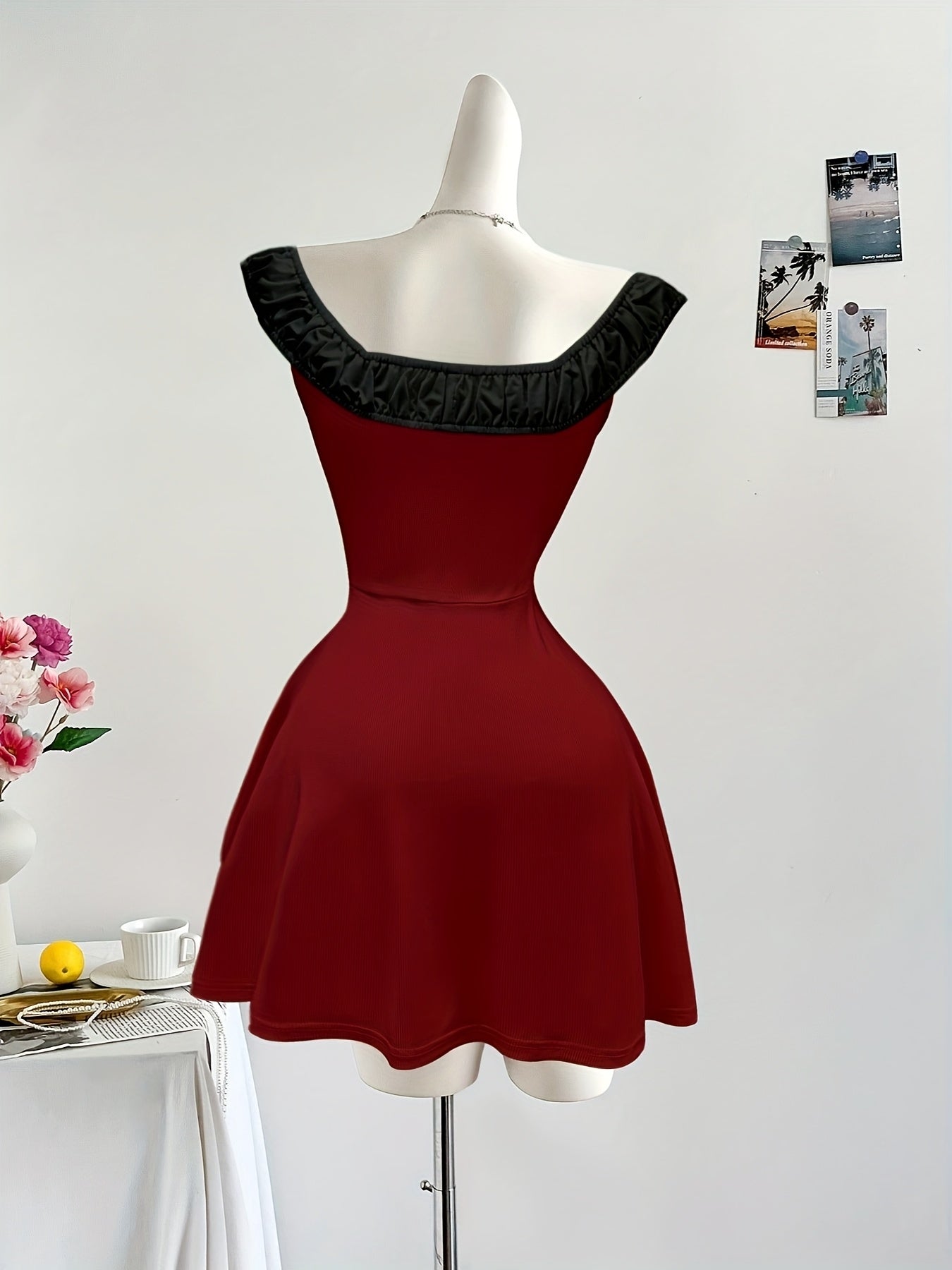 Elegant Off-Shoulder Red Mini Dress with Black Trim - Cinched Waist, Lace-Up Detail, Ruffled Hem, Perfect for Summer Vacation, Vacation Dress | Offshoulder Dress | Construction, Cute Dresses