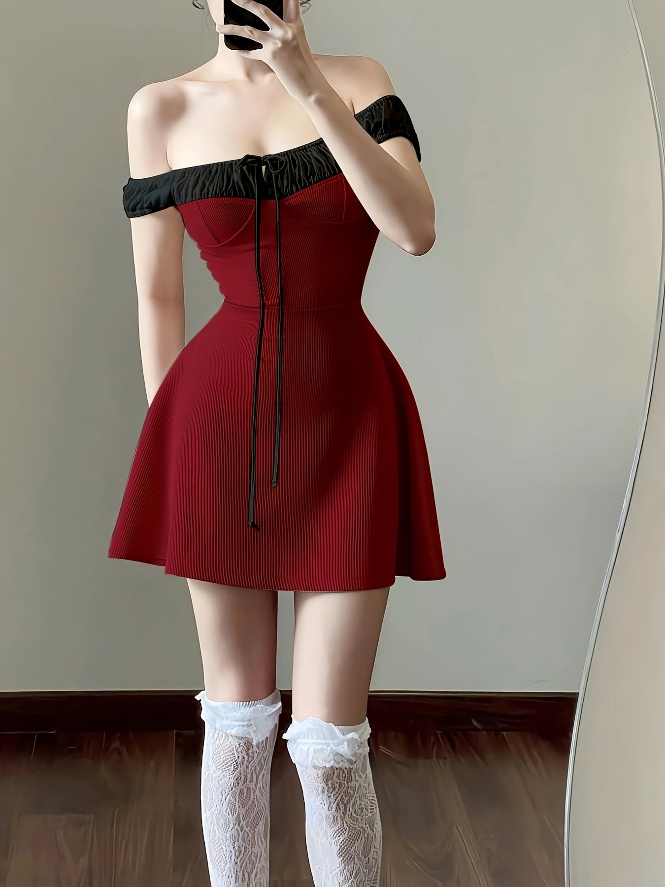Elegant Off-Shoulder Red Mini Dress with Black Trim - Cinched Waist, Lace-Up Detail, Ruffled Hem, Perfect for Summer Vacation, Vacation Dress | Offshoulder Dress | Construction, Cute Dresses