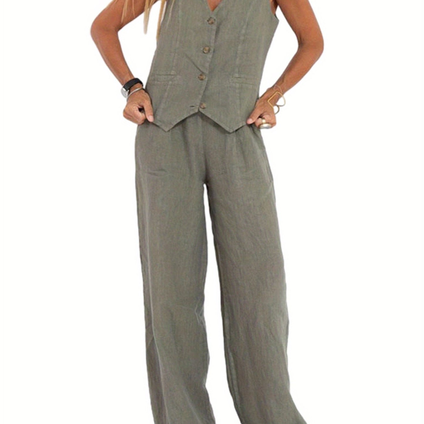 Women 2pcs Outfits Solid Color Button Tank Tops And Wide Leg Pants Set Streetwear Aesthetic Clothes