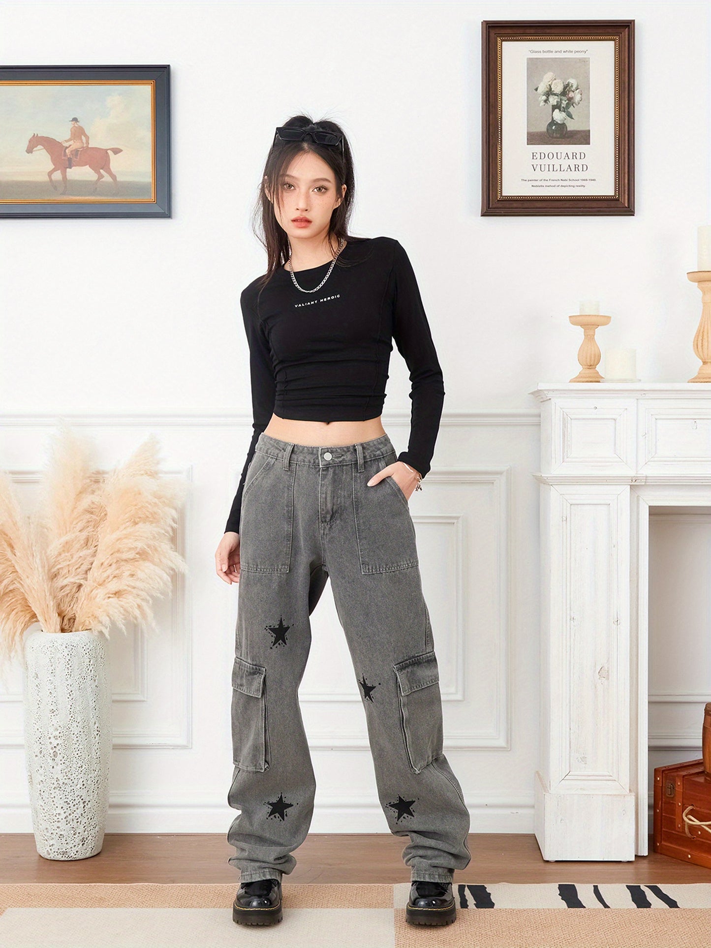 Women'S Baggy Denim Pants High-Waisted Y2K Wide-Leg Oversized Boyfriend Cargo Jeans Street Pants